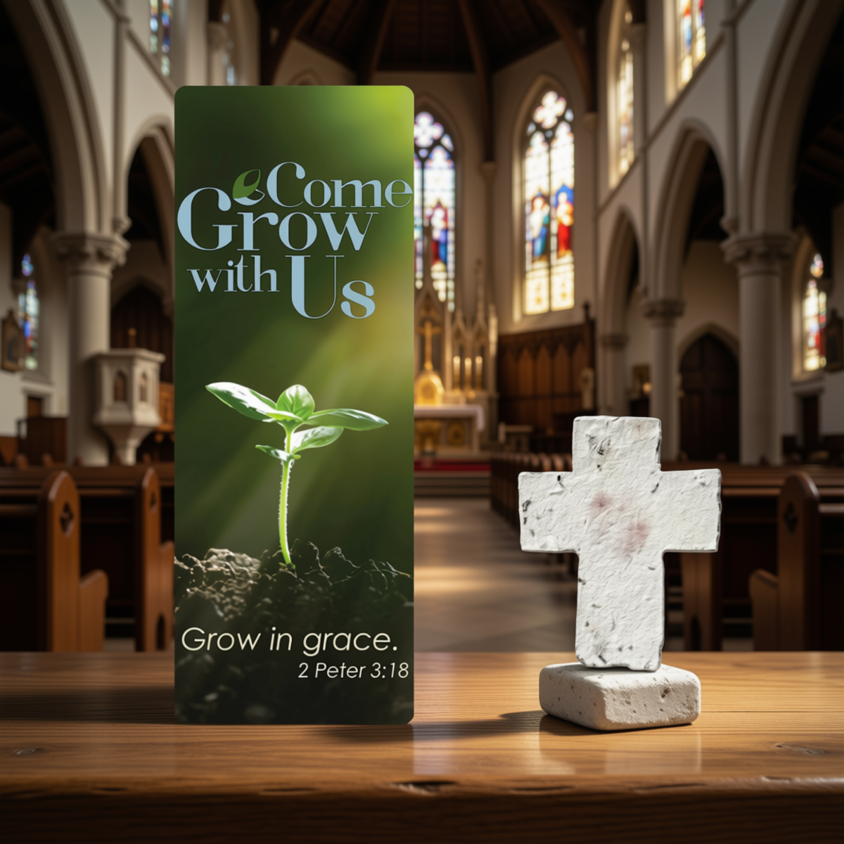 A tall rectangular church banner with the text 'Come Grow with Us' and 'Grow in grace. 2 Peter 3:18' stands on a wooden table in a church interior, next to a small stone cross.