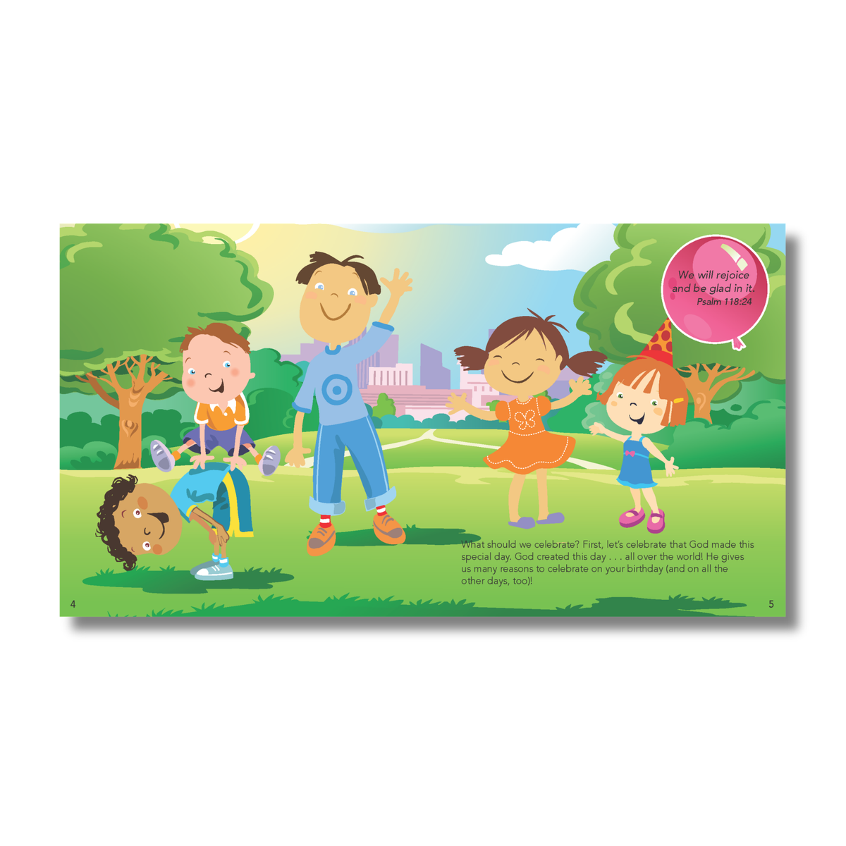 Children's book illustration with four children playing in a park by CTA Christ to All and CTAKids.