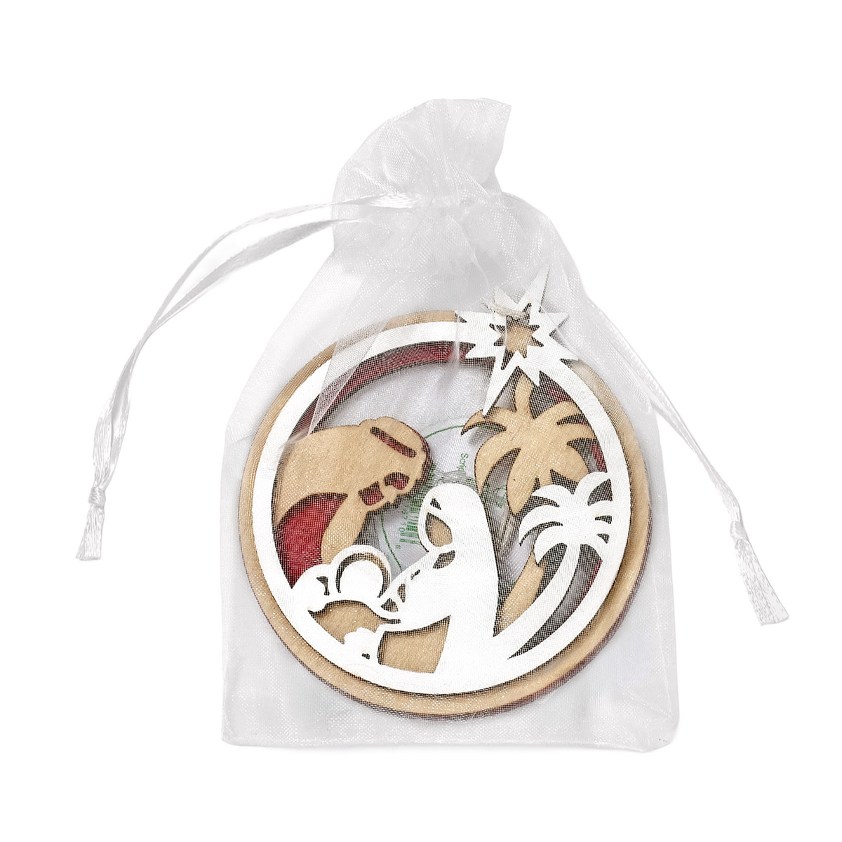 Nativity Laser cut wooden Christmas Nativity ornament featuring Mary, Joseph, and Baby Jesus beneath the Star of Bethlehem, packaged in a white organza gift bag on white background by CTA Christ to All and CTA Gifts.