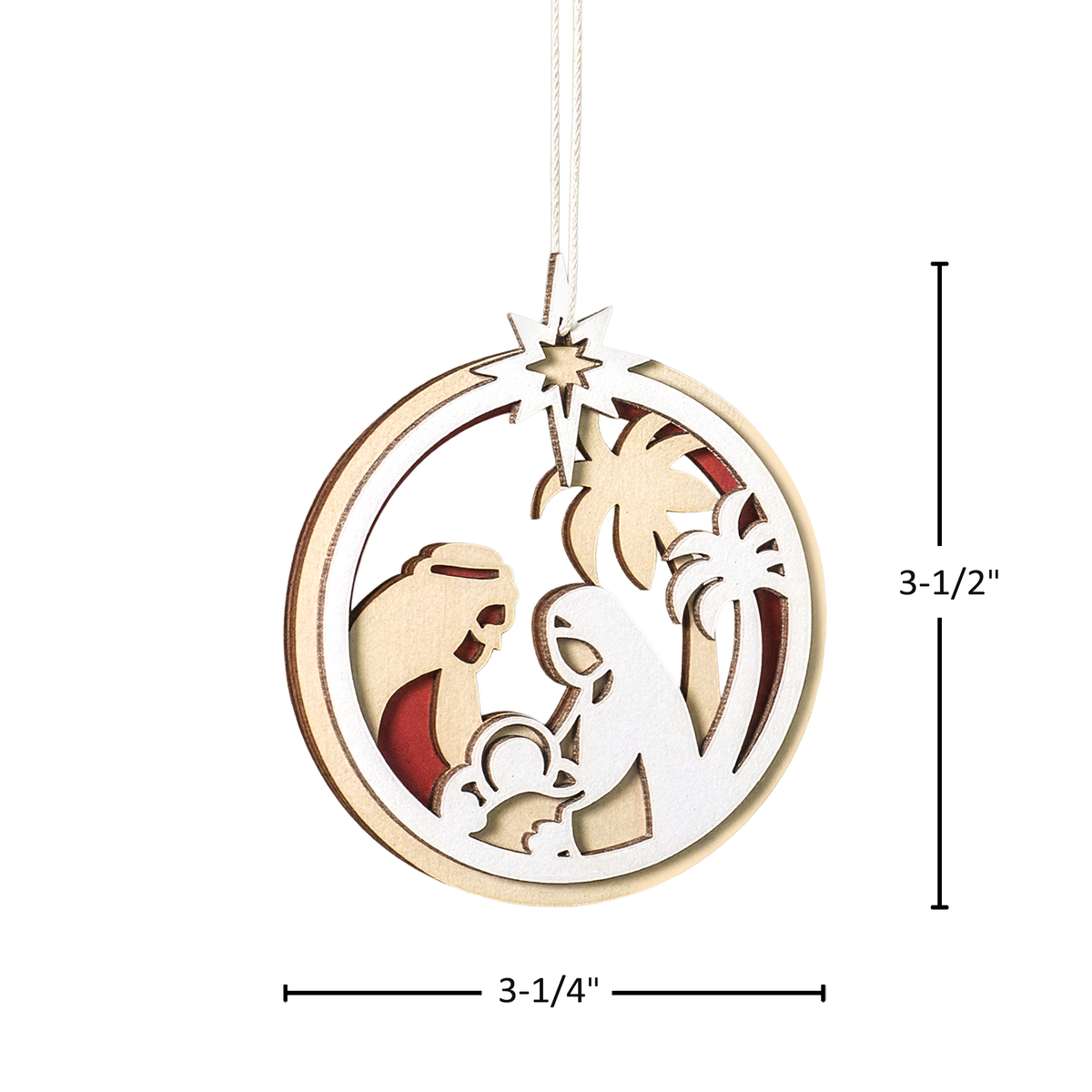 Nativity Laser cut wooden Christmas Nativity ornament featuring Mary, Joseph, and Baby Jesus beneath the Star of Bethlehem, white background by CTA Christ to All and CTA Gifts.