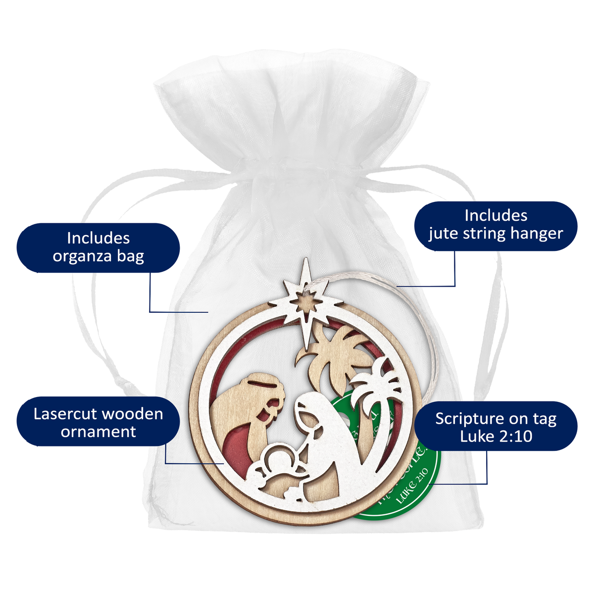 Laser cut wooden Christmas Nativity ornament featuring Mary, Joseph, and Baby Jesus beneath the Star of Bethlehem, packaged in a white organza gift bag, by CTA Christ to All and CTA Gifts.