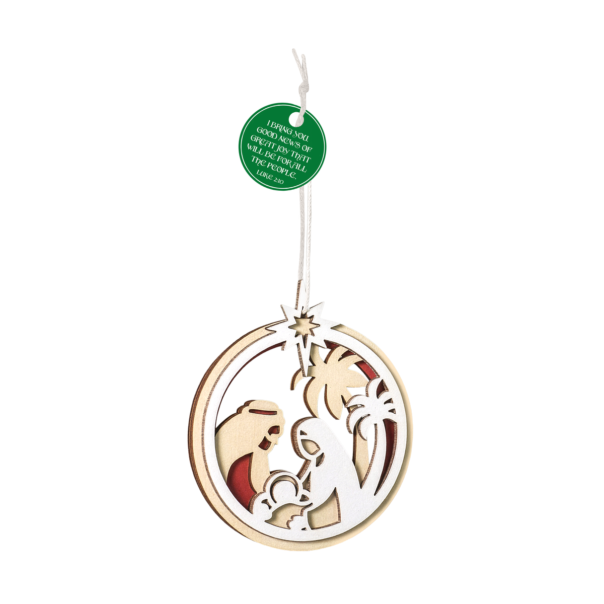 Nativity Laser cut wooden Christmas Nativity ornament featuring Mary, Joseph, and Baby Jesus beneath the Star of Bethlehem, white background by CTA Christ to All and CTA Gifts.