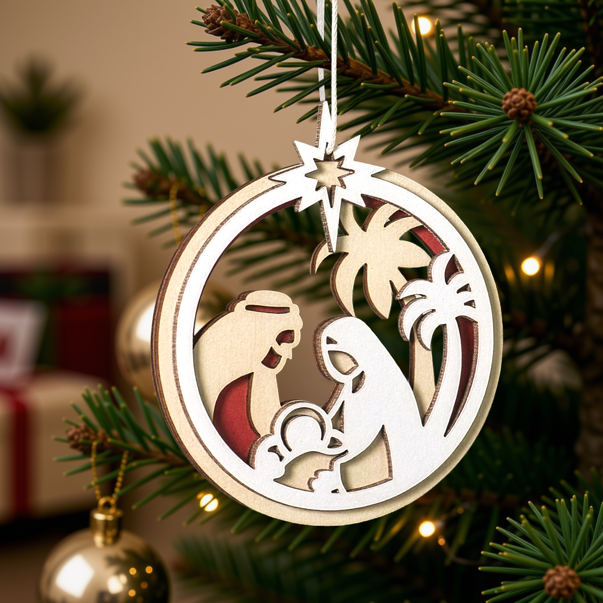 Laser cut wooden Christmas Nativity ornament featuring Mary, Joseph, and Baby Jesus beneath the Star of Bethlehem, hanging from a red ribbon on a decorated Christmas tree branch with warm lights in the background, by CTA Christ to All and CTA Gifts.
