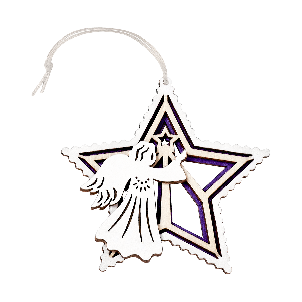 Star-shaped laser-cut wooden ornament depicting the angel announcing Jesus’ birth.  String hanger, displayed on a white  background, by CTA Christ to All and CTA Gifts.