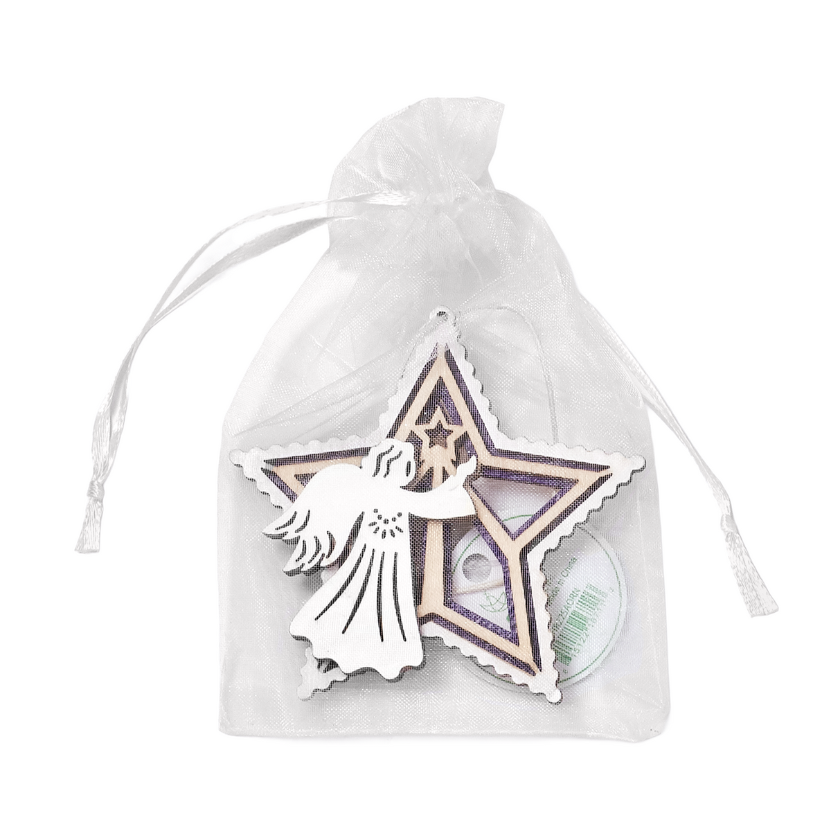 Star-shaped laser-cut wooden ornament depicting the angel announcing Jesus’ birth.  String hanger, packaged in a white organza gift bag on white background by CTA Christ to All and CTA Gifts.