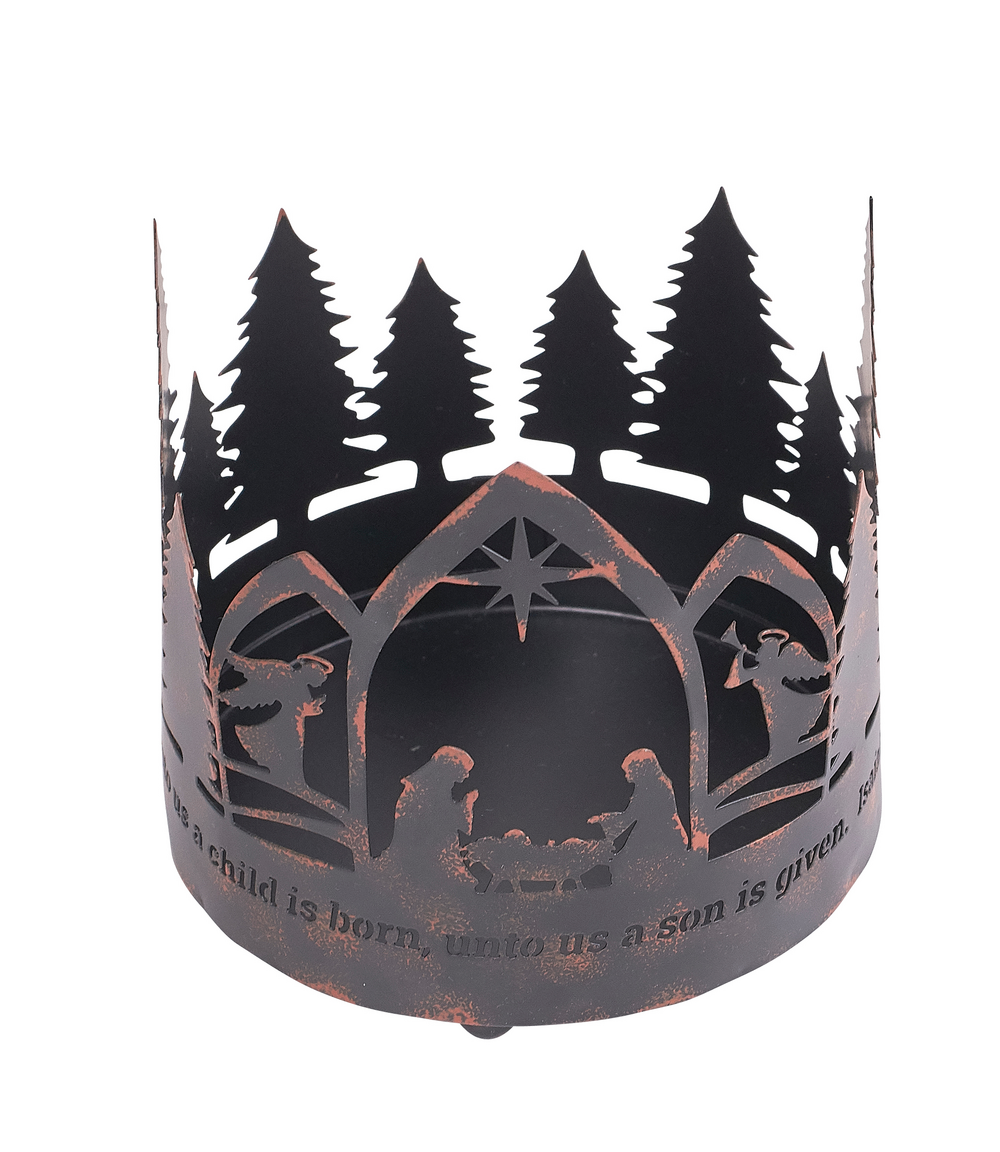 4-1/2" Nativity candleholder featuring Mary, Joseph, and baby Jesus with evergreen backdrop. Candle not included; perfect for home or office décor.
615122-17014-4