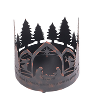 4-1/2" Nativity candleholder featuring Mary, Joseph, and baby Jesus with evergreen backdrop. Candle not included; perfect for home or office décor.
615122-17014-4