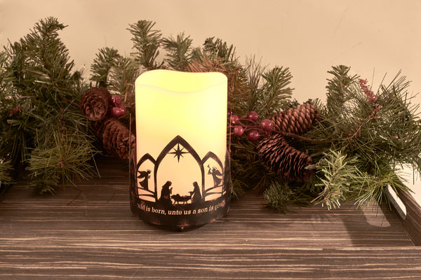 4-1/2" Bronze Tabletop Candle Holder - KJV - The Nativity of Jesus with Isaiah 9:6