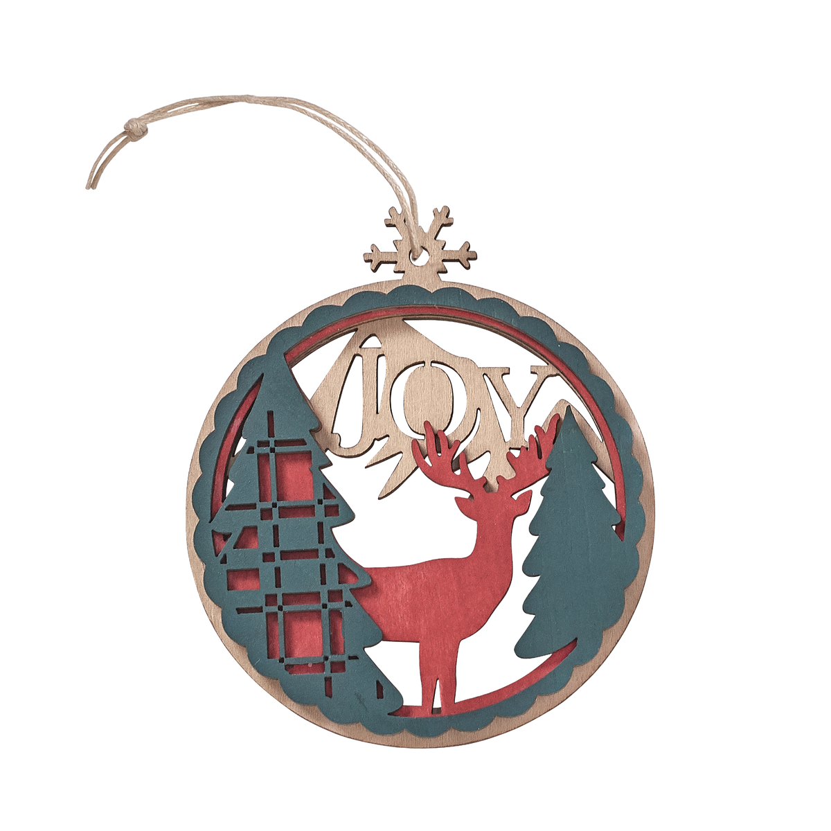Laser cut wooden Christmas ornament featuring evergreen trees, deer, the word “JOY”, string cord hanger on white background by CTA Christ to All and CTA Gifts.