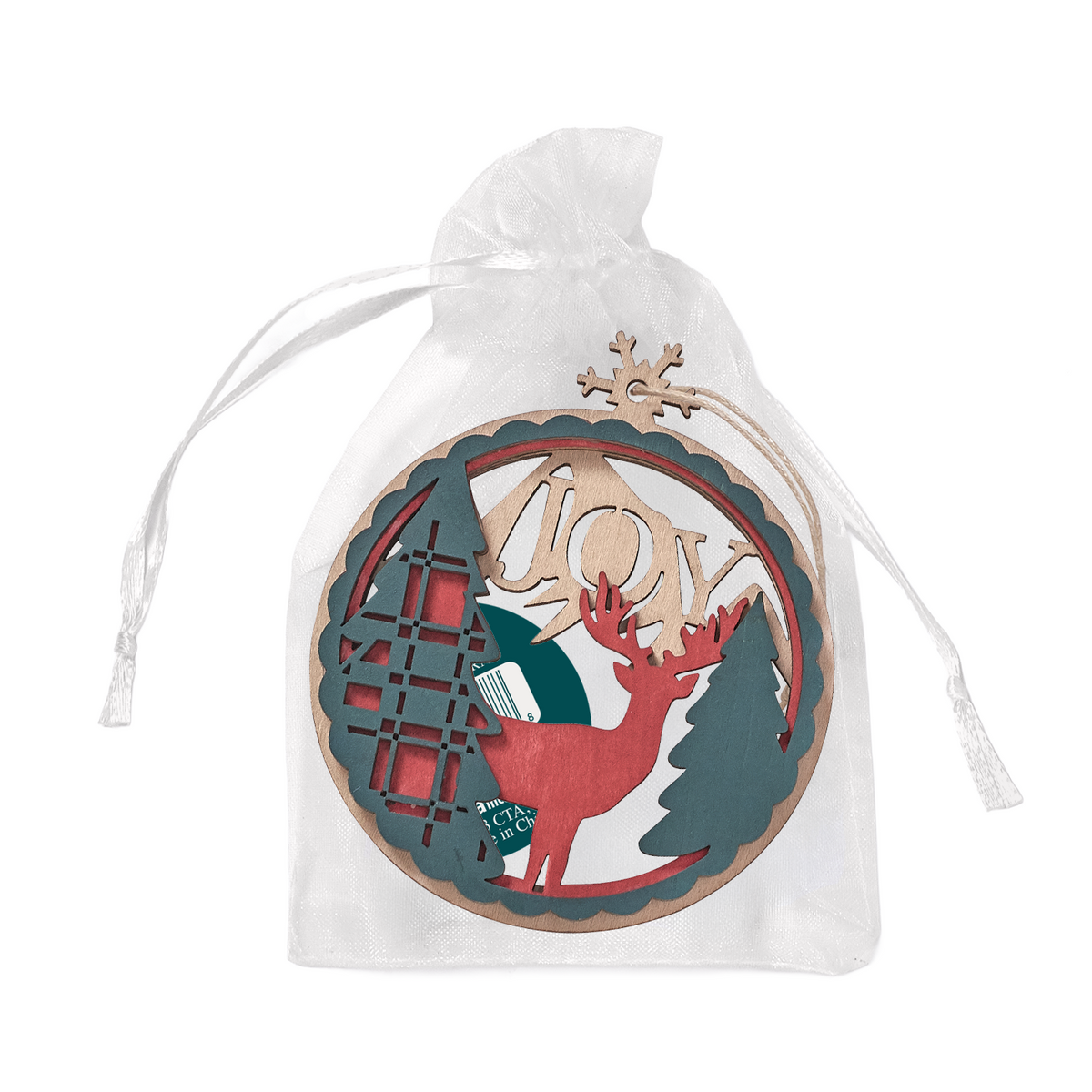 Laser-cut wooden Christmas ornament featuring evergreen trees, deer, the word “JOY”, string cord hanger, packaged in a white organza gift bag on white background by CTA Christ to All and CTA Gifts.