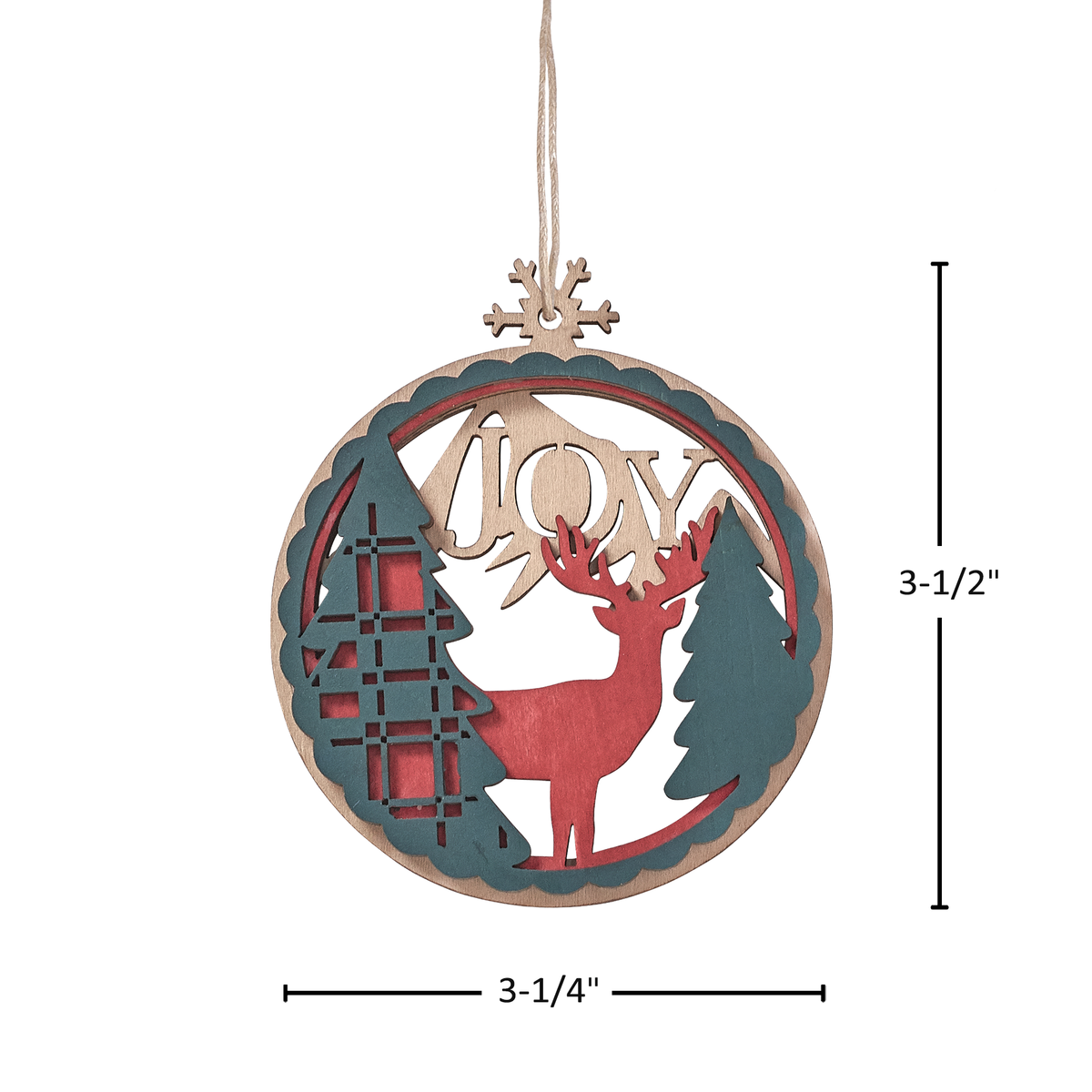 Laser Cut Wooden Christmas ornament featuring evergreen trees, deer, the word “JOY”, string cord hanger on white background by CTA Christ to All and CTA Gifts.