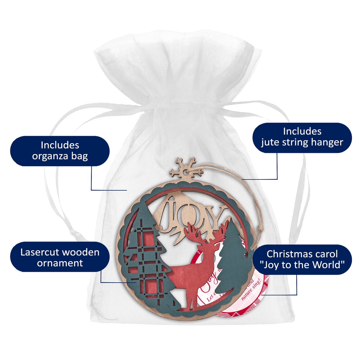Laser-cut wooden Christmas ornament featuring evergreen trees, deer, the word “JOY”, string cord hanger, packaged in a white organza gift bag, gift tag: Christmas carol "Joy to the World" on white background by CTA Christ to All and CTA Gifts.
