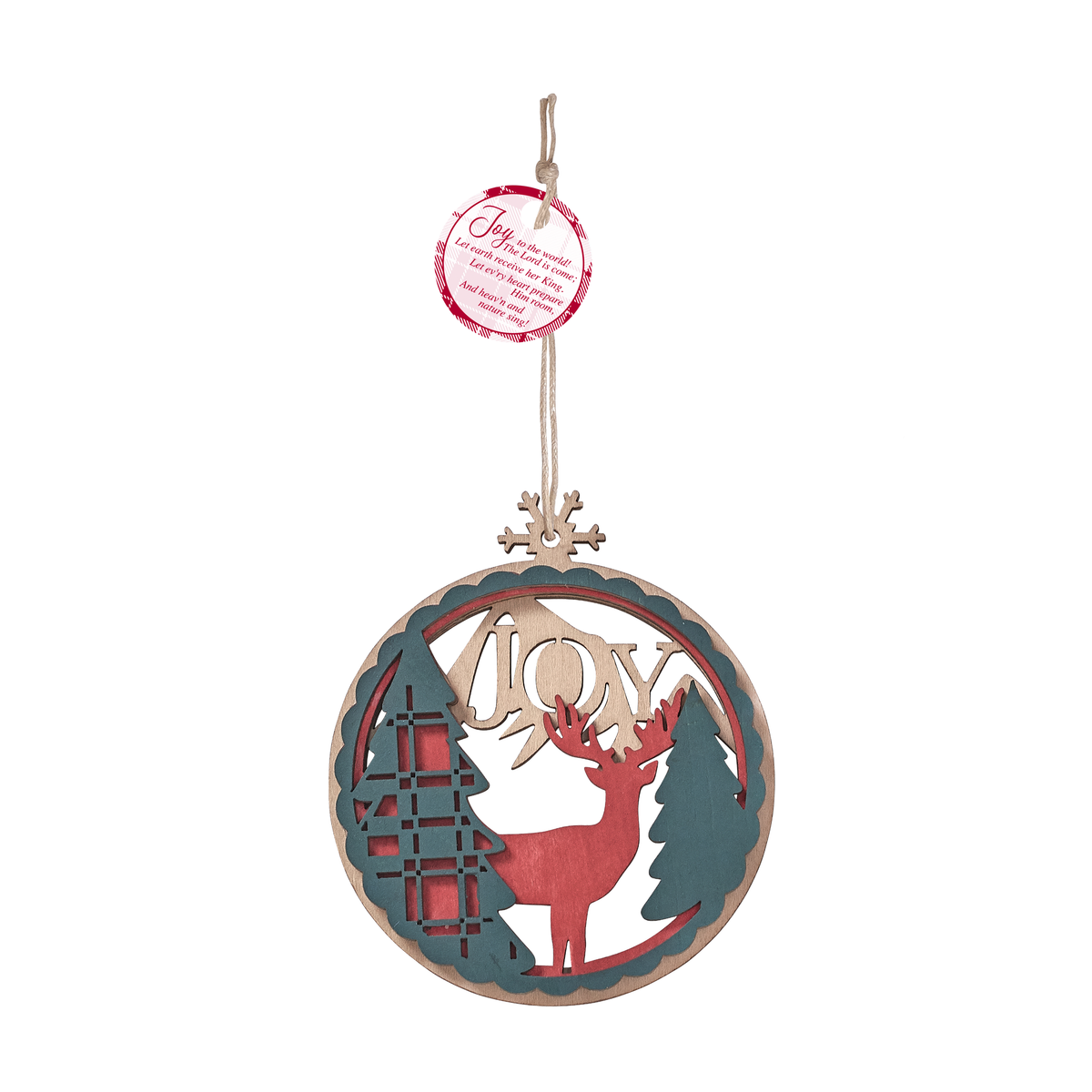 Laser Cut Wooden Christmas ornament featuring evergreen trees, deer, the word “JOY”, string cord hanger on white background Tag: Christmas carol "Joy to the World" Joy to the world, the Lord is come! Let earth receive her King; Let every heart prepare Him room, And Heaven and nature sing. by CTA Christ to All and CTA Gifts.