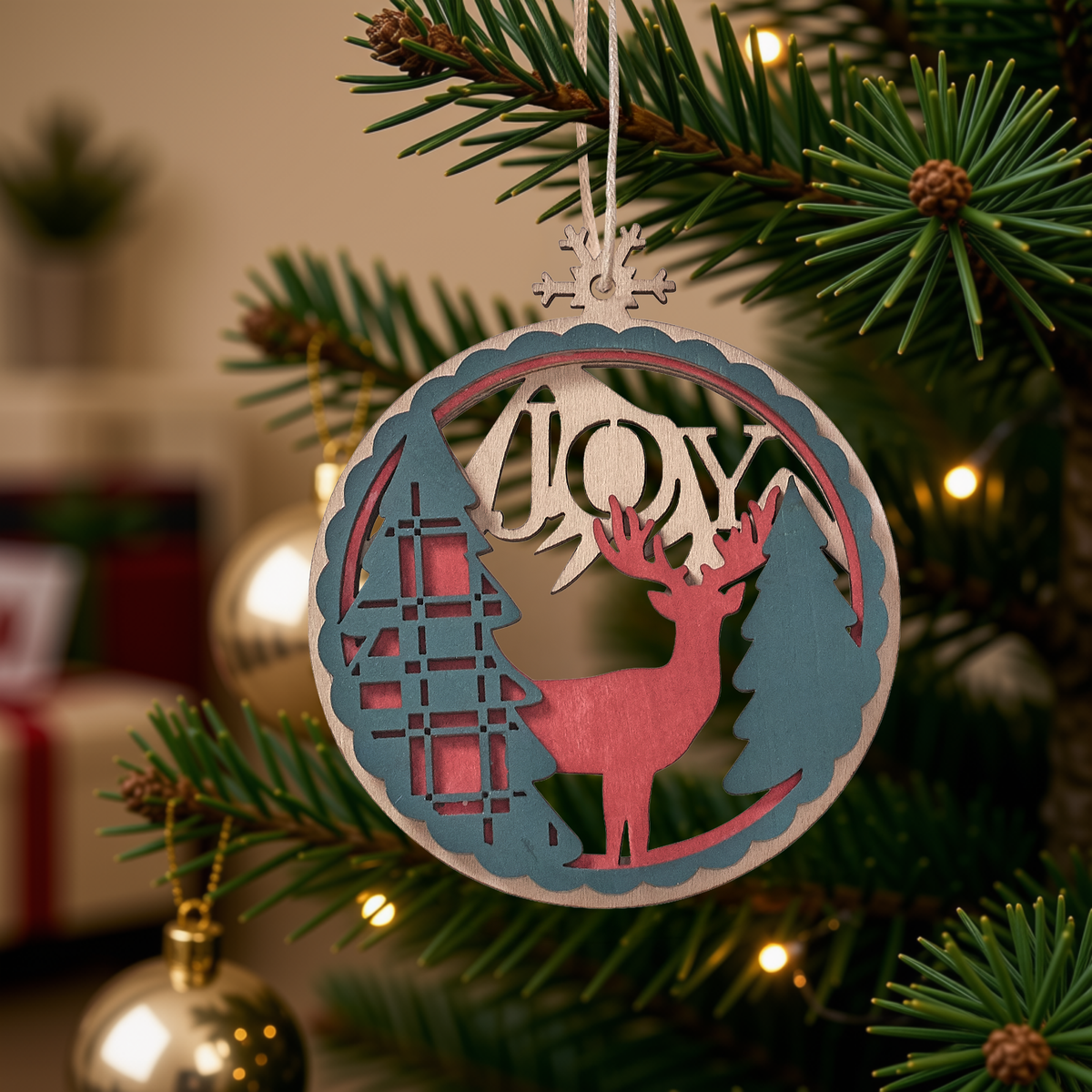 Laser cut ornament featuring evergreen trees, deer, the word “JOY”, hanging from string cord on a decorated Christmas tree branch with warm lights in the background, by CTA Christ to All and CTA Gifts.