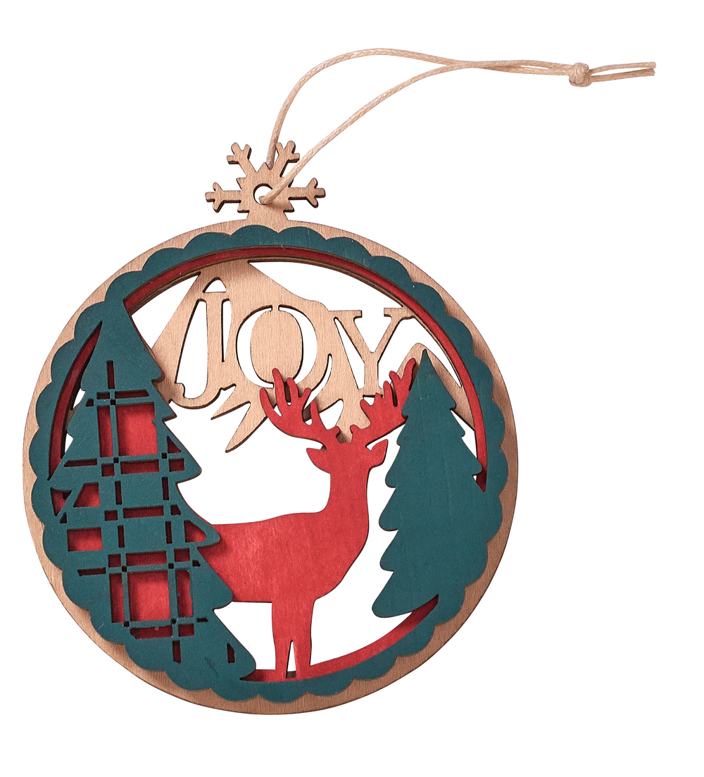 3-1/4" laser-cut wood ornament featuring a serene woodland scene with a deer. Crafted from basswood with a 3" rustic string hanger.
615122-16998-8