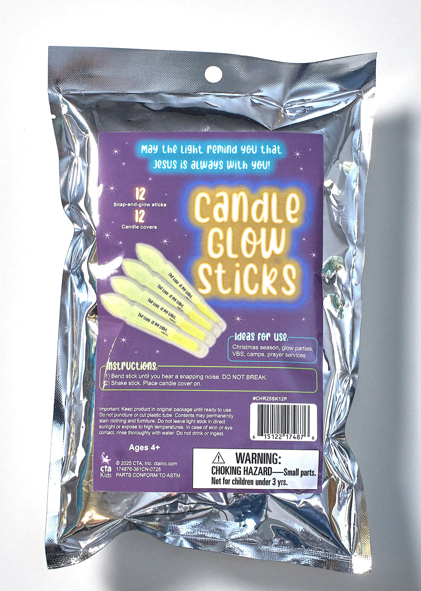 Packaging of Candle Glow Sticks with a purple label on a reflective surface