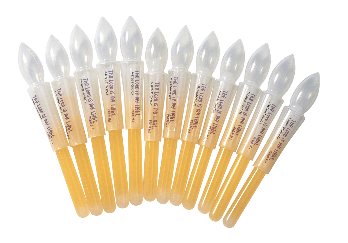12-pack of 4" glow sticks with candle-top attachments, sealed in a Mylar bag. Each stick glows bright for up to 6 hours—perfect for emergency lighting, parties, or outdoor events.
615122-17487-6