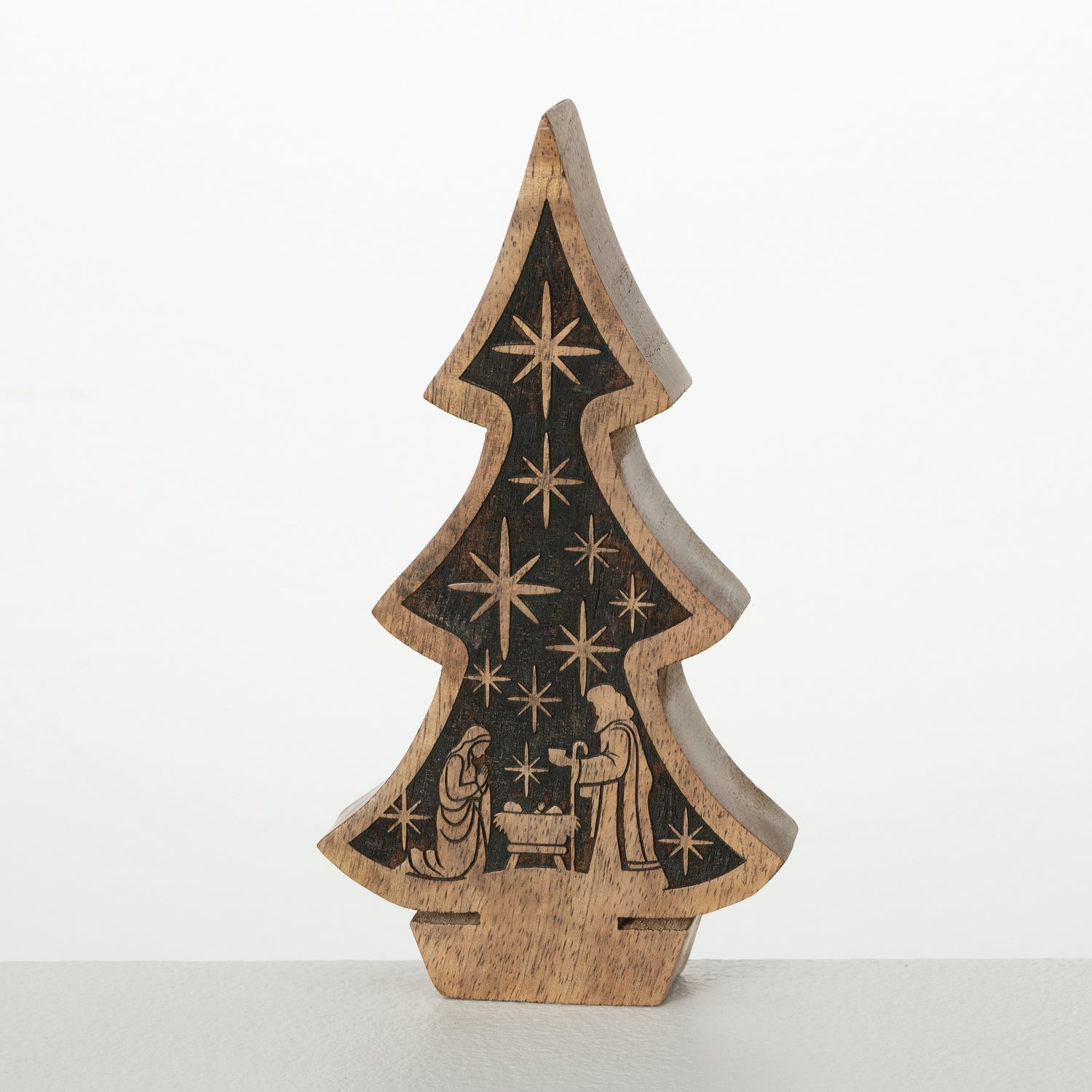 Wooden Christmas tree decor with nativity scene design on a white background