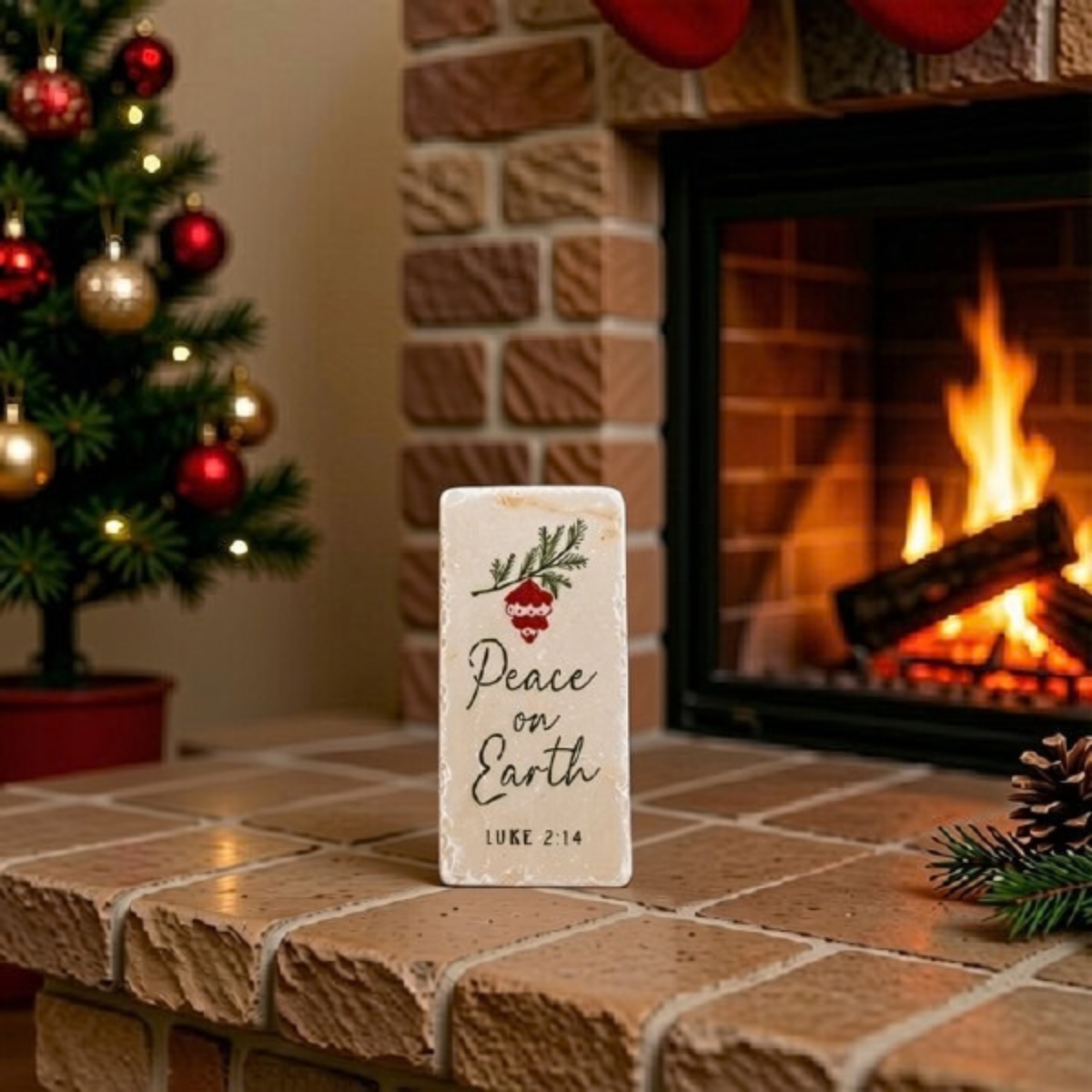 A rectangular ceramic holiday sign with the text 'Peace on Earth LUKE 2:14' and a red ornament illustration, standing on a brick fireplace ledge with a Christmas tree and burning fireplace in the background.