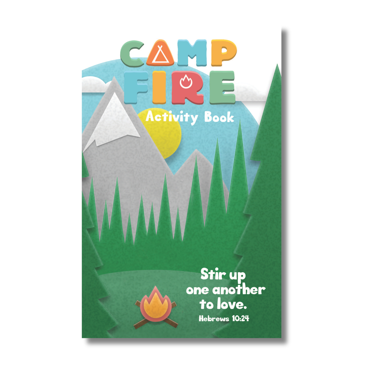 Campfire activity book with mountain and tree design on a white background by CTA Christ to All & CTAKids.