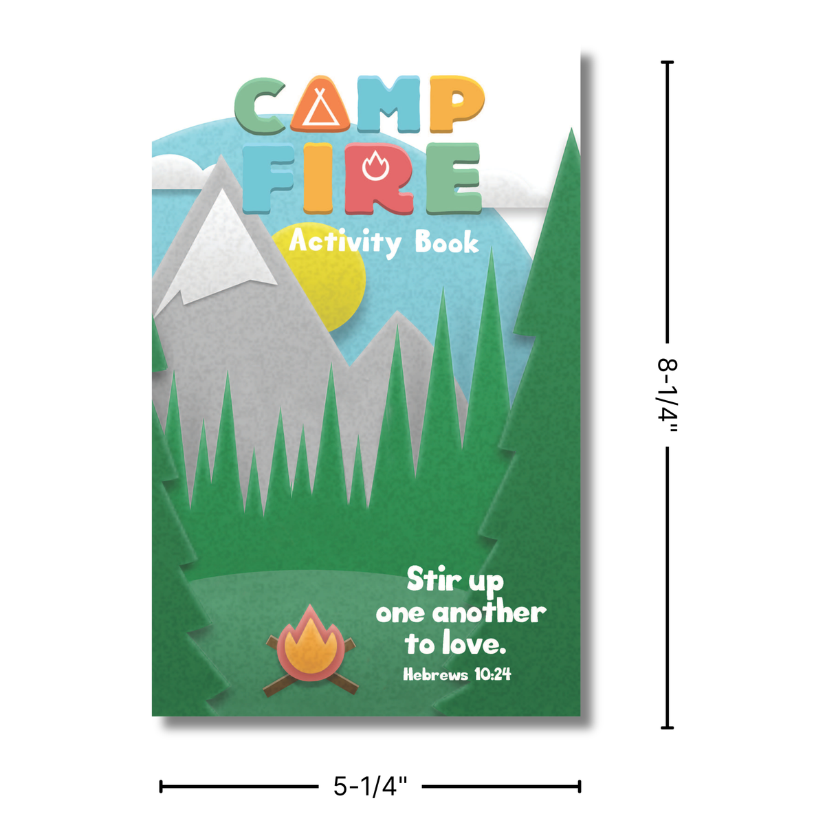 Campfire activity book with mountain and forest design, featuring dimensions on a white background by CTA Christ to All and CTAKids.