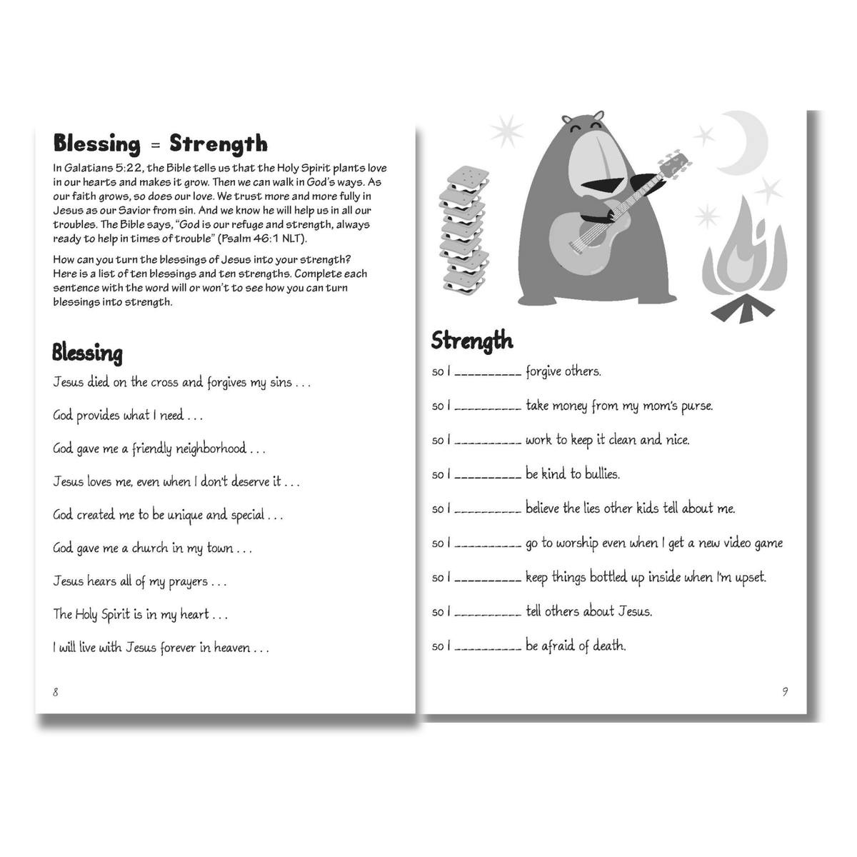 Book page with cartoon bear playing guitar, text, and illustrations on a white background by CTA Christ to All and CTAKids.