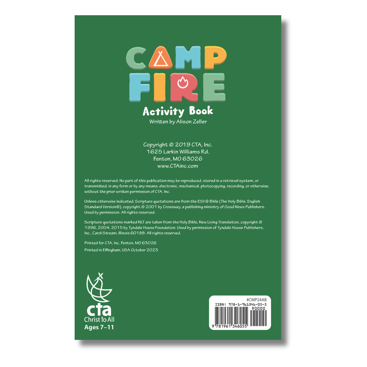 Back cover of a 'Camp Fire' activity book with text and branding on a green background by CTA Christ to All and CTAKids.