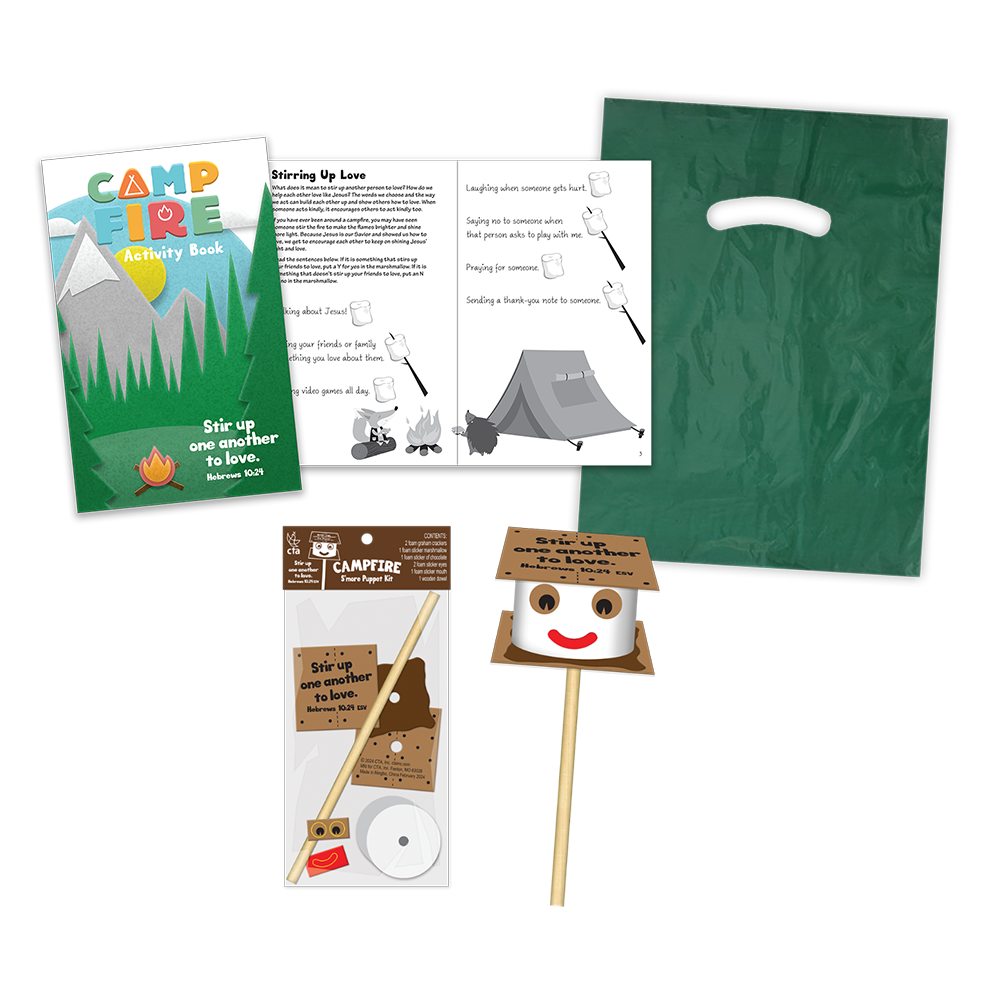 Campfire VBS kids' ministry set with activty book, goodie bag, and smore craft kit