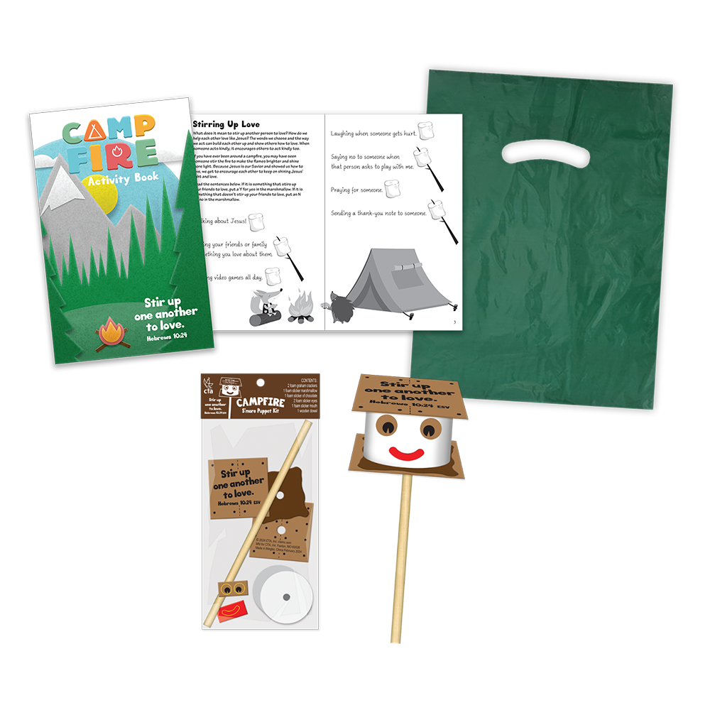 Campfire VBS kids' ministry set with activty book, goodie bag, and smore craft kit. designed to teach children about Jesus’ love.
978-1-961346-05-5
