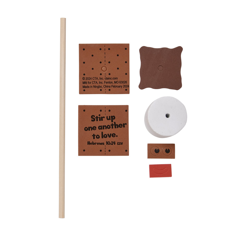 Foam S’more puppet craft for ages 4+, includes graham cracker, chocolate, marshmallow pieces, and an 8" craft stick—no glue needed, perfect for Bible verse memorization, skits, or play.
615122-17239-1