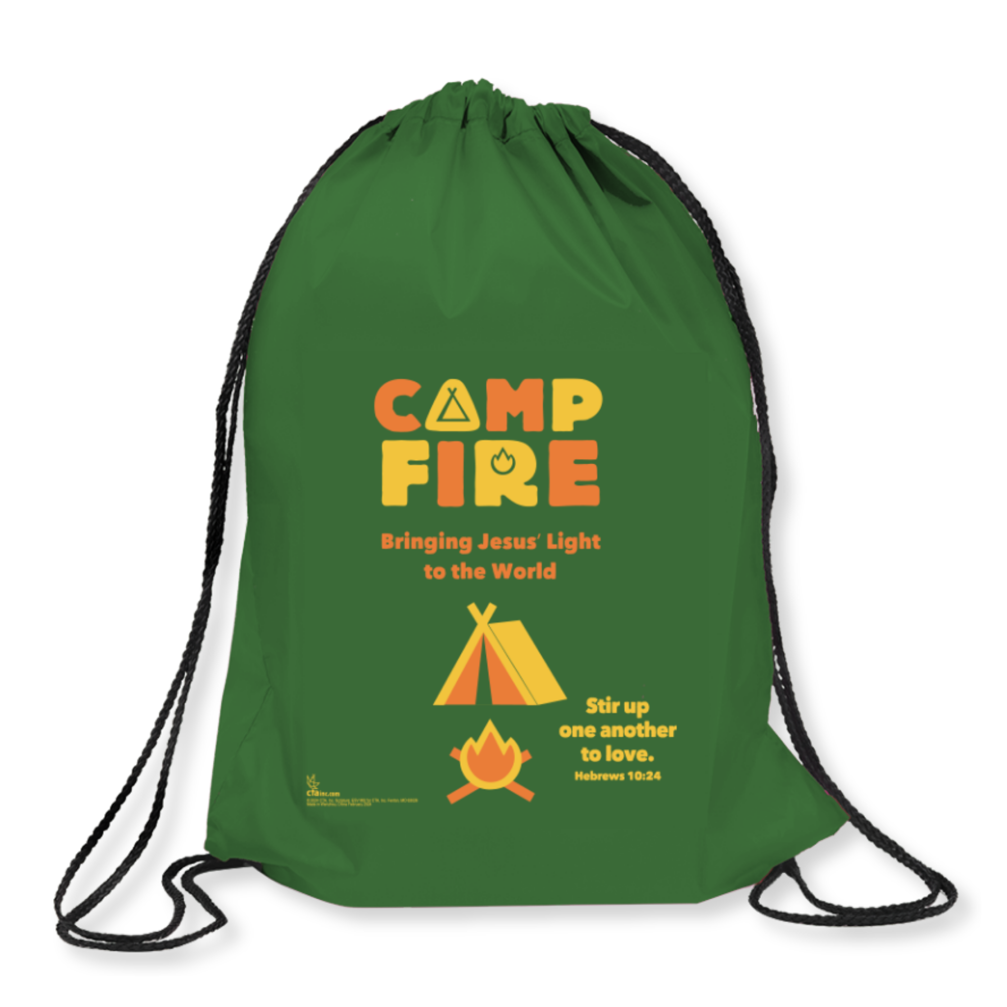 Green drawstring bag with 'Camp Fire' branding and text on a white background