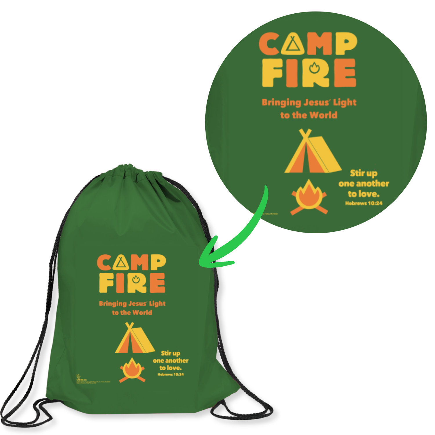 Green drawstring bag with 'Camp Fire' branding and design elements on a white background