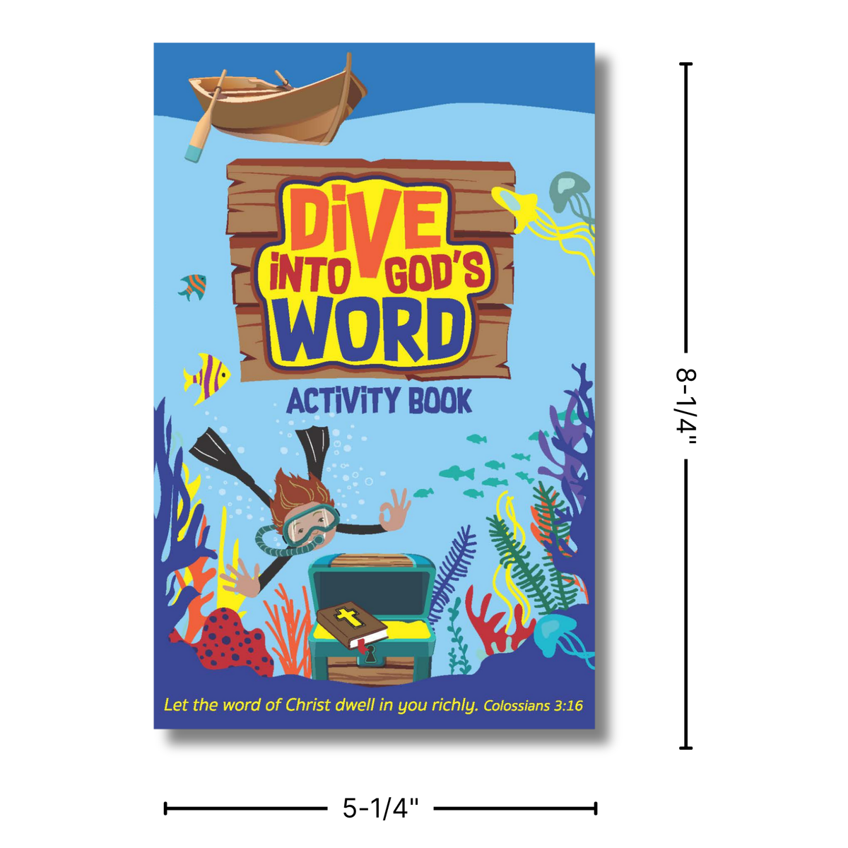 Activity book cover with underwater theme and text 'Dive into God's Word' on a blue background by CTA Christ to All & CTAKids.