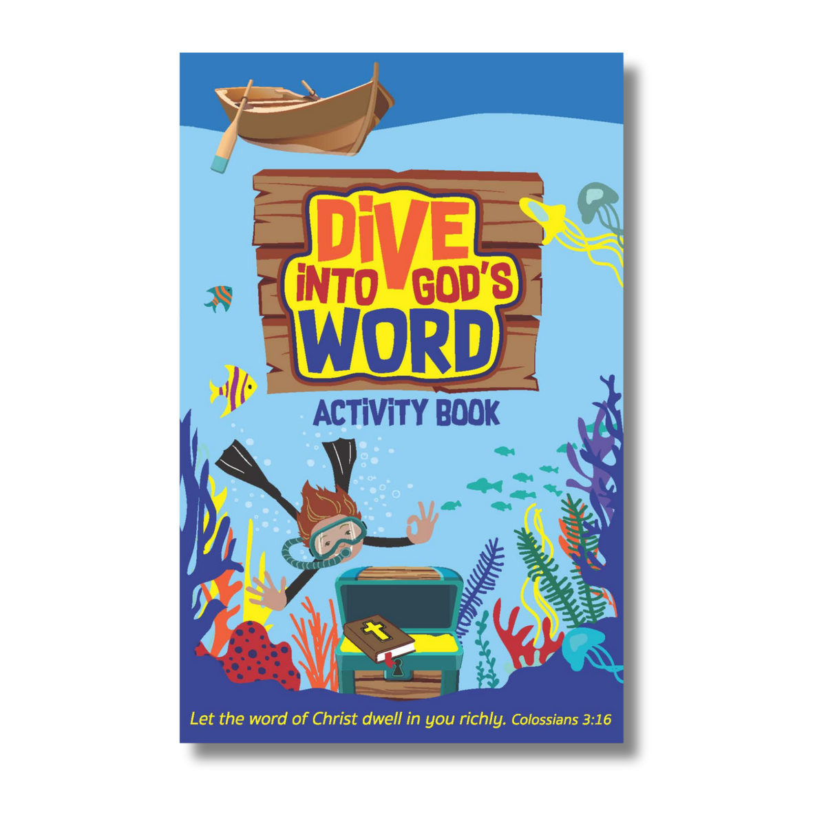 Activity book cover with underwater scene, scuba diver, and text 'Dive into God's Word' by CTA Christ to All & CTAKids.