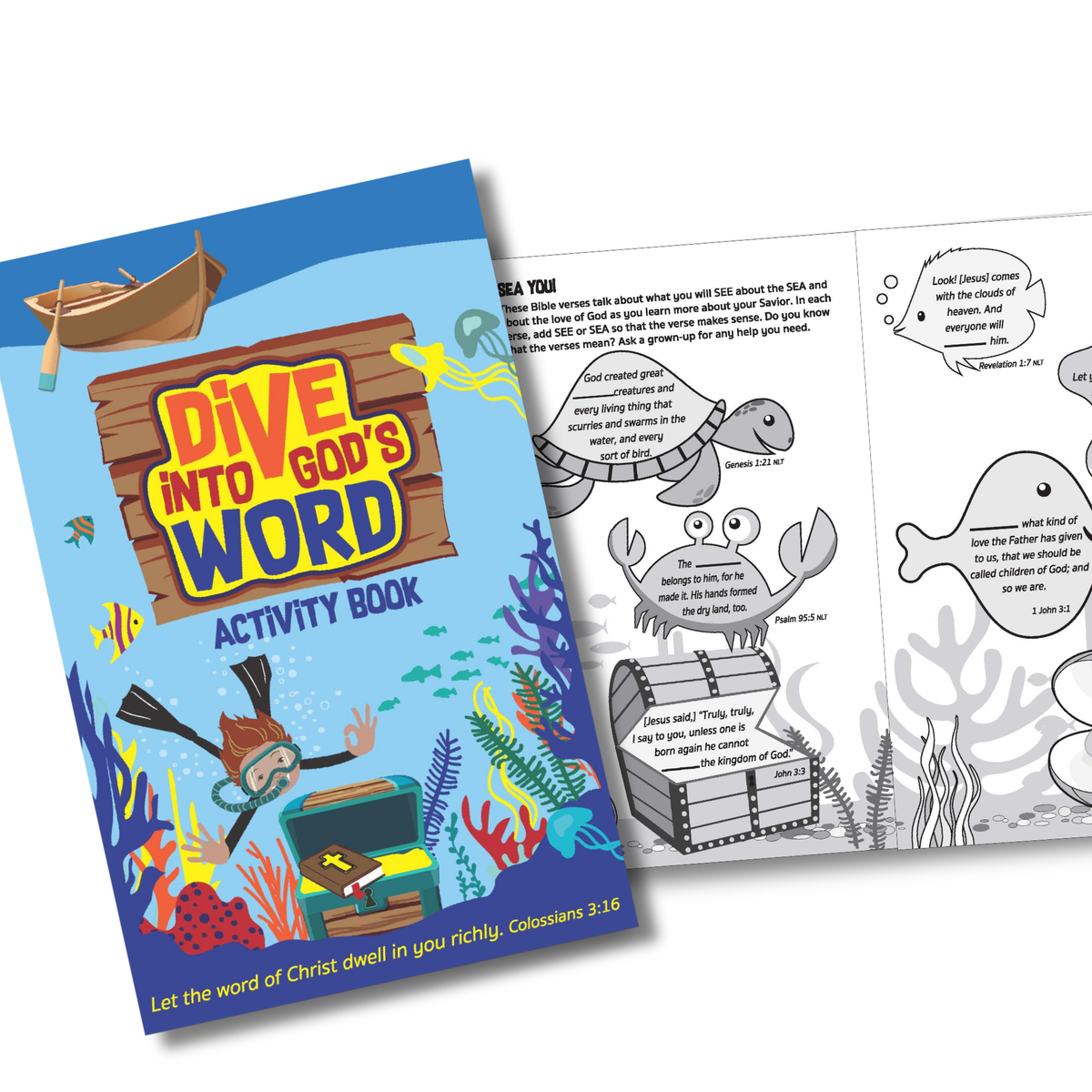 Activity book titled 'Dive into God's Word' with coloring page on a white background by CTA Christ to All & CTAKids.