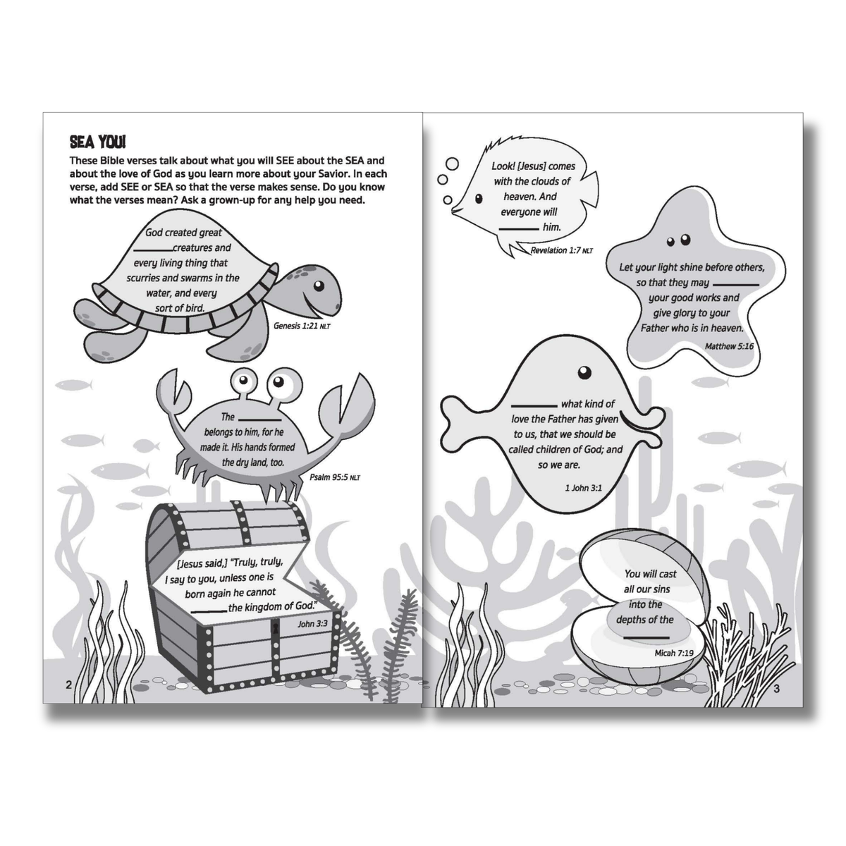 Black and white children's book page with ocean-themed illustrations and text by CTA Christ to All & CTAKids.