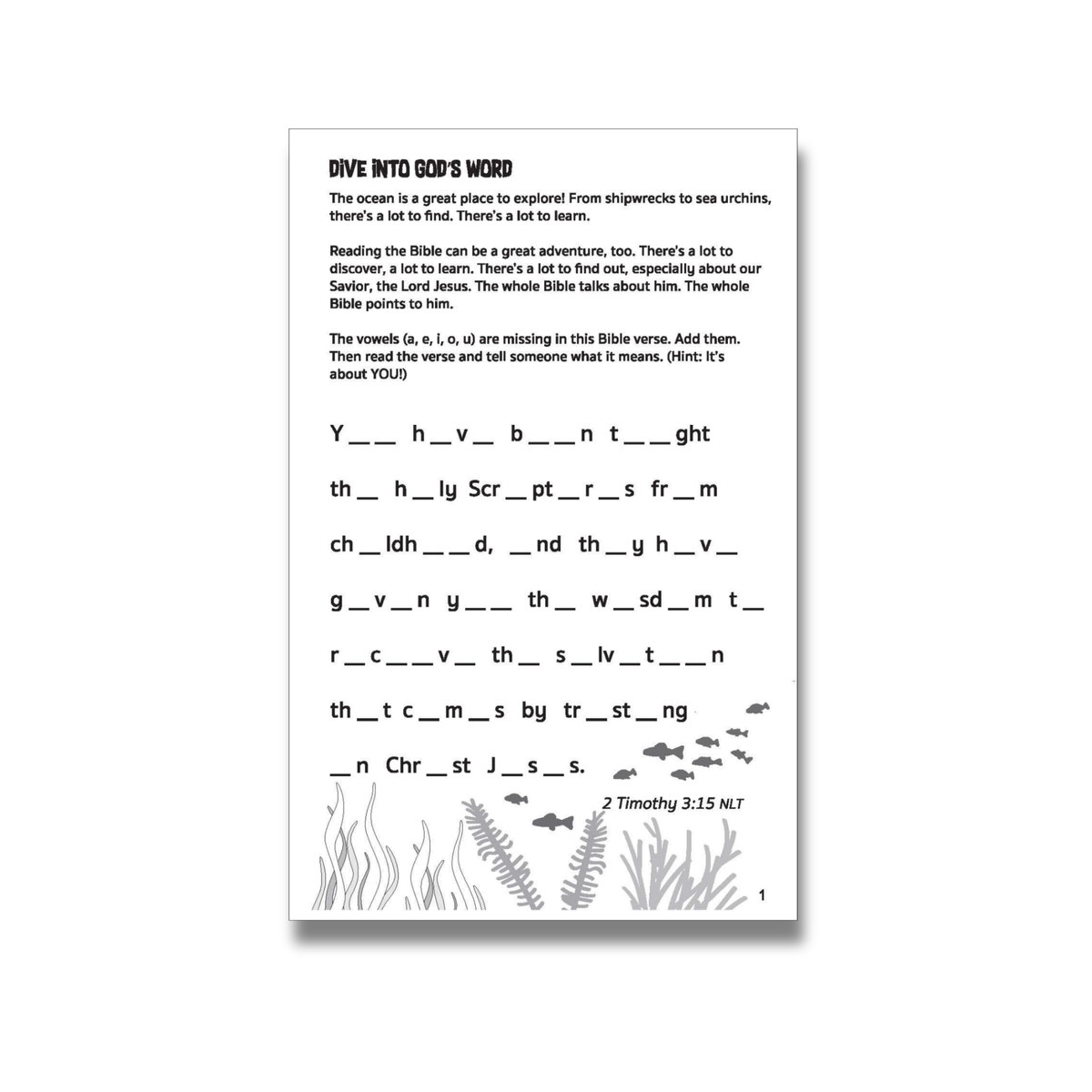 Sheet with a Bible verse puzzle and ocean-themed illustrations on a white background by CTA Christ to All & CTAKids.