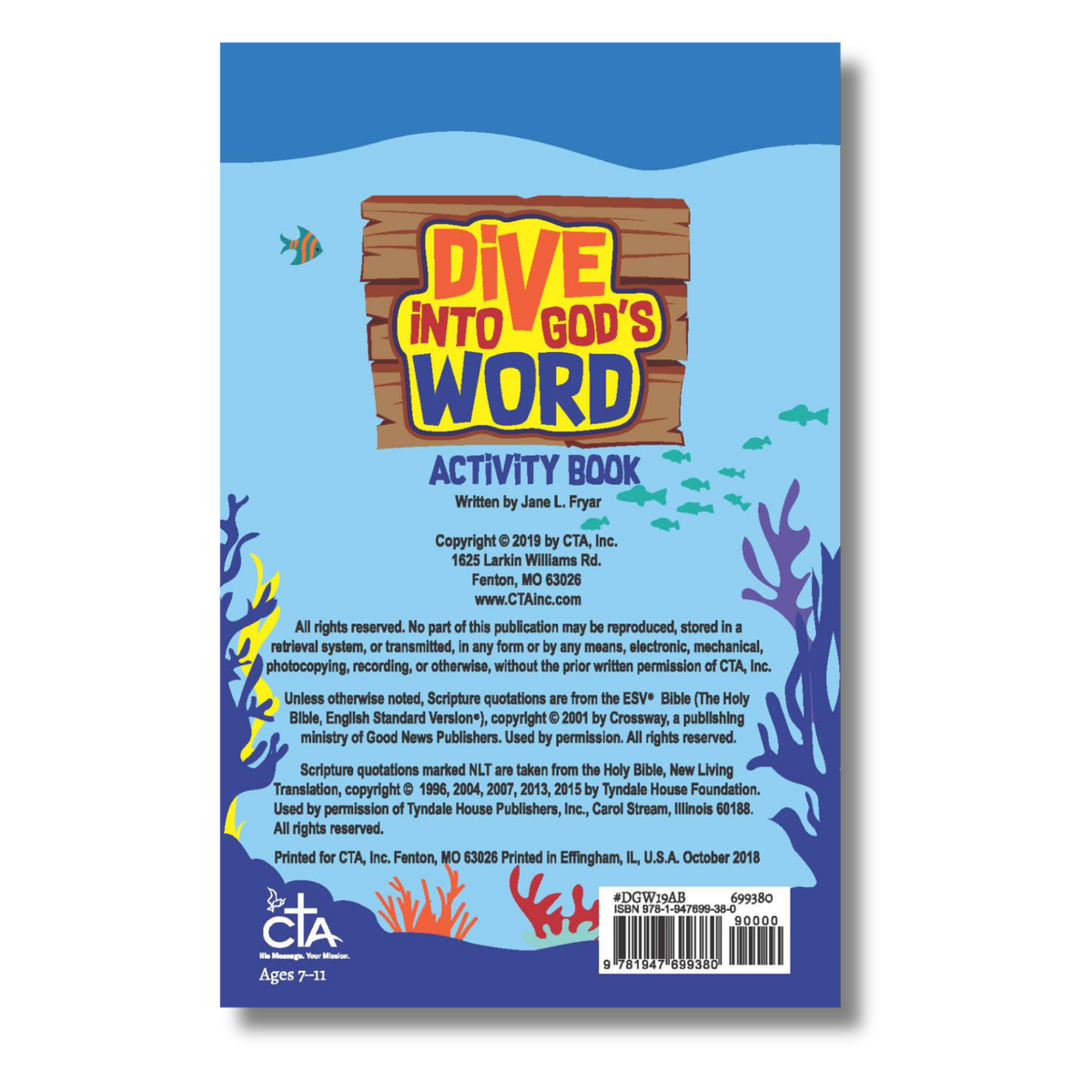 Back cover of 'Dive into God's Word' activity book with underwater design and CIA branding by CTA Christ to All & CTAKids.