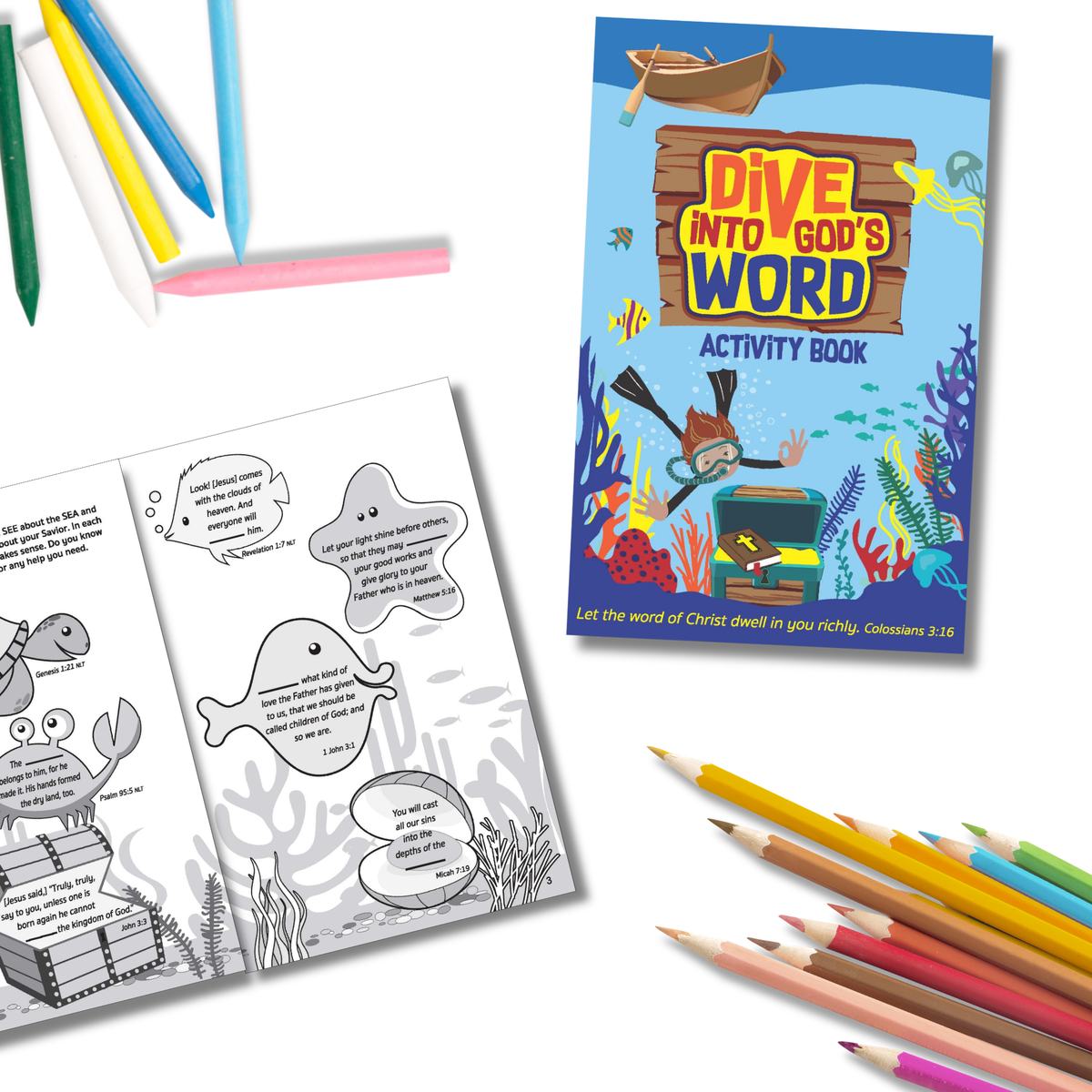 Coloring book titled 'Dive into God's Word' with coloring pages and pencils on a white background by CTA Christ to All & CTAKids.