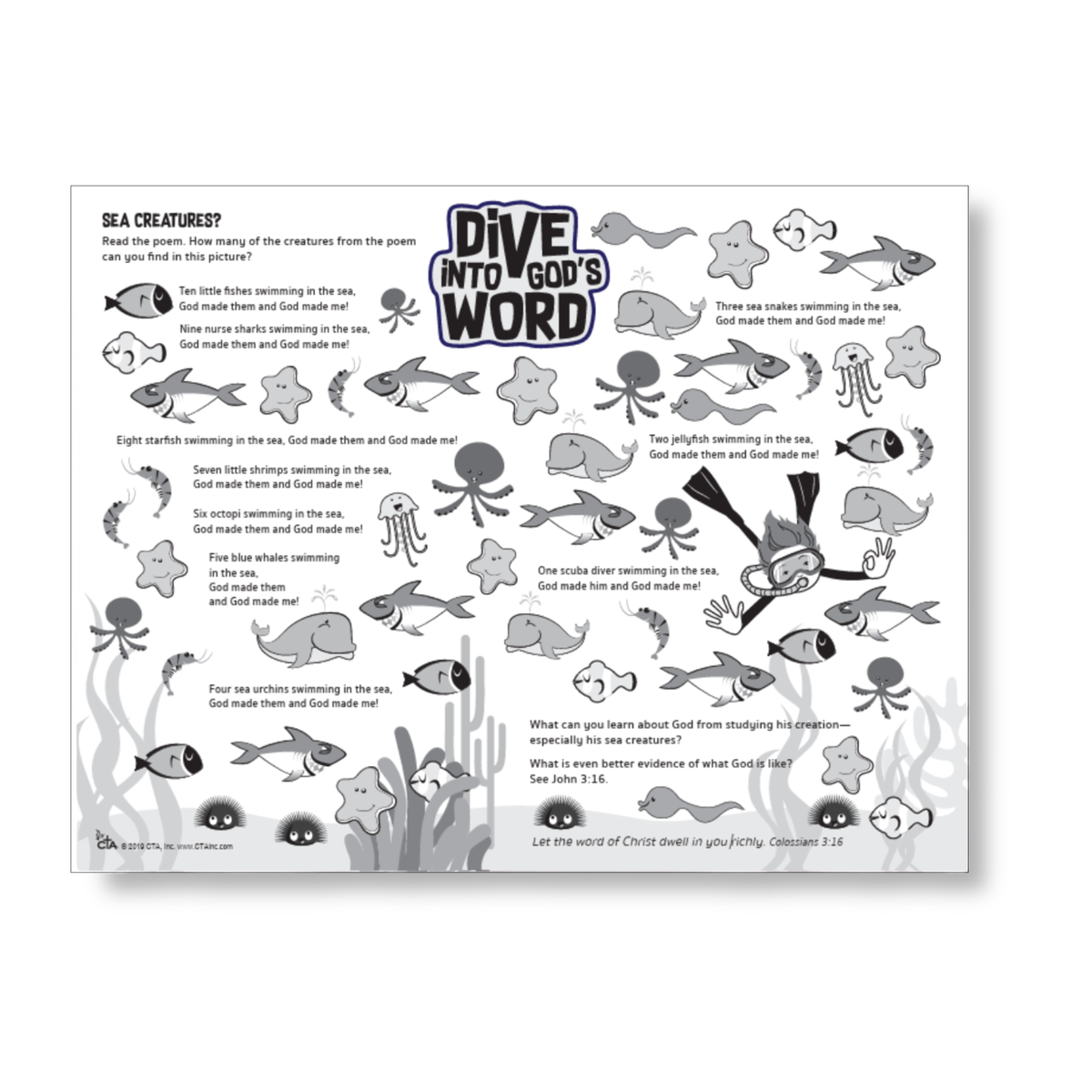 Underwater-themed Dive Into God’s Word activity page featuring a poem and hidden-picture challenge. Children count and find sea creatures from the poem, including fish, sharks, starfish, shrimp, octopuses, whales, sea urchins, sea snakes, jellyfish, and a scuba diver. Includes discussion questions about God’s creation and Colossians 3:16 by CTA Christ to All and CTAKids.