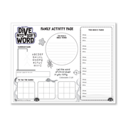 Family Activity Page with an underwater theme. Features a space to write a weekly Bible verse, a hangman game, three tic-tac-toe boards, and a weekly task planner with sections for what, when, and who. Includes the Bible verse, “Let the word of Christ dwell in you richly” (Colossians 3:16), along with fish, jellyfish, starfish, and seaweed illustrations by CTA Christ to All and CTAKids.