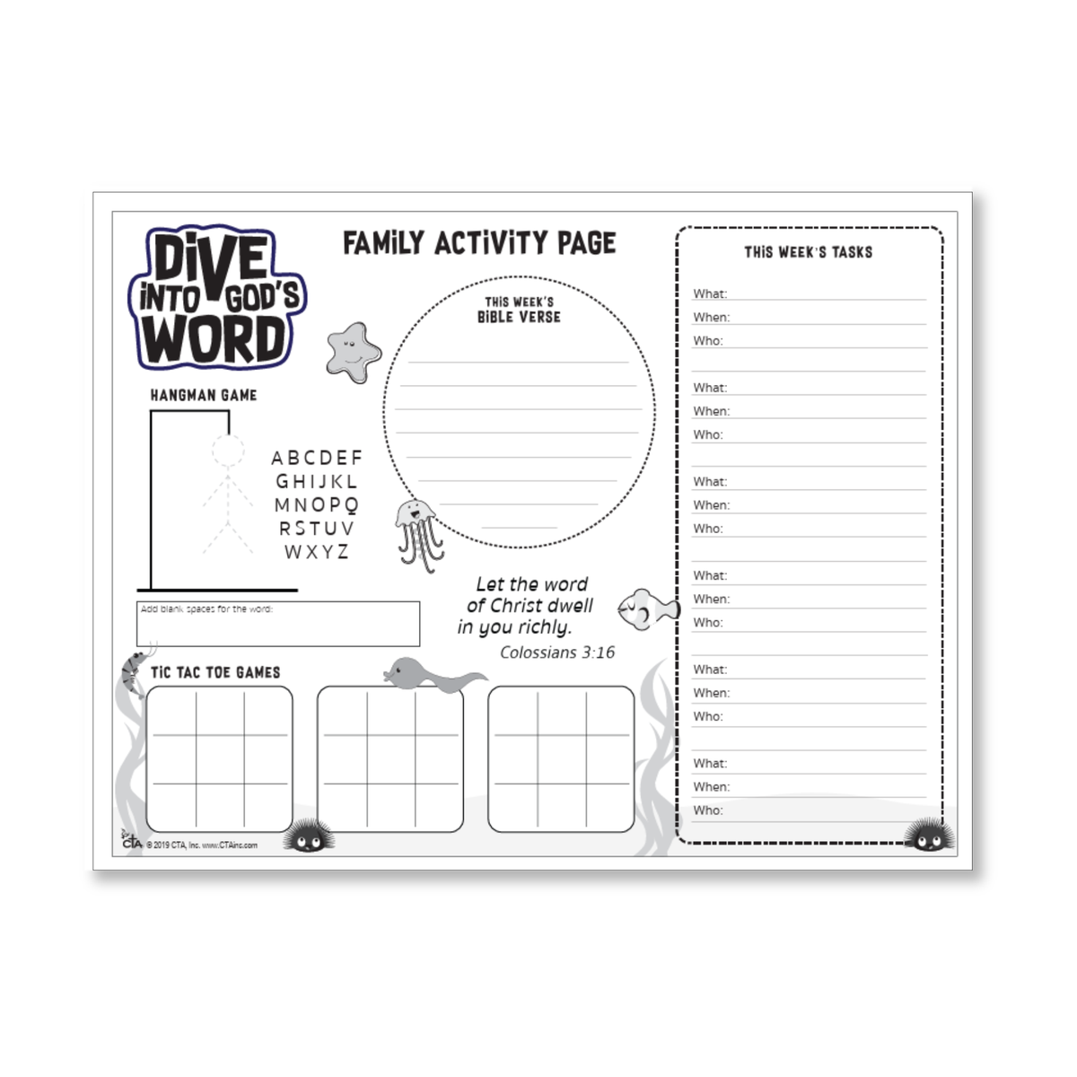 Family Activity Page with an underwater theme. Features a space to write a weekly Bible verse, a hangman game, three tic-tac-toe boards, and a weekly task planner with sections for what, when, and who. Includes the Bible verse, “Let the word of Christ dwell in you richly” (Colossians 3:16), along with fish, jellyfish, starfish, and seaweed illustrations by CTA Christ to All and CTAKids.