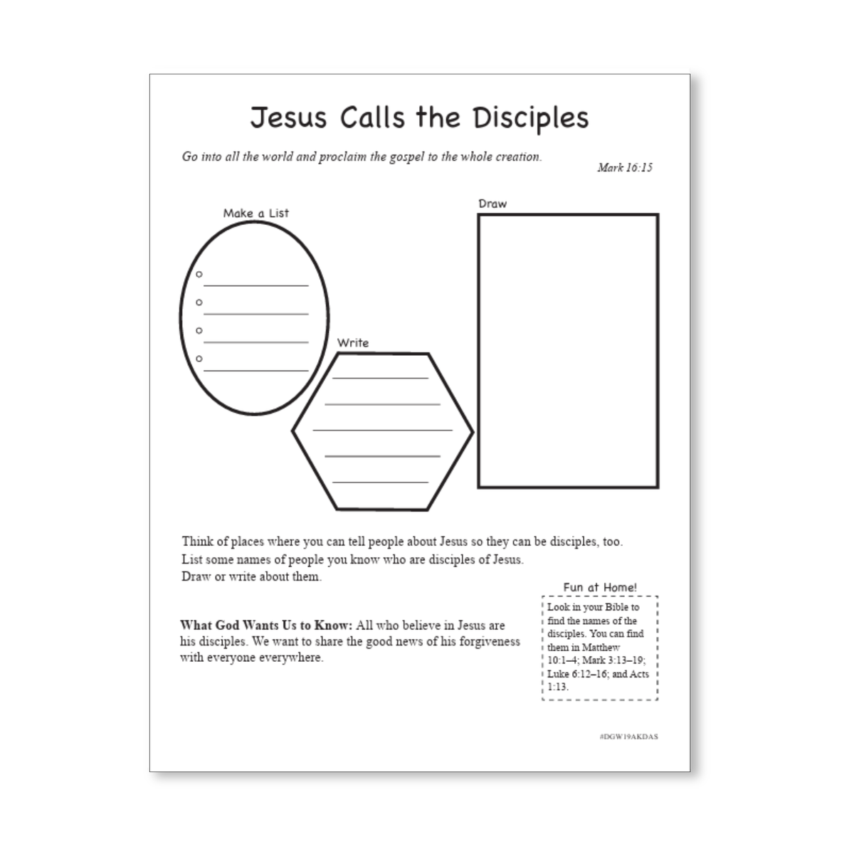 Activity page titled Jesus Calls the Disciples. Children make a list, write, and draw responses about sharing Jesus with others and identifying people who are his disciples. Features Mark 16:15, a faith message that all who believe in Jesus are his disciples, and a Bible lookup activity to find the names of the disciples by CTA Christ to All and CTAKids.