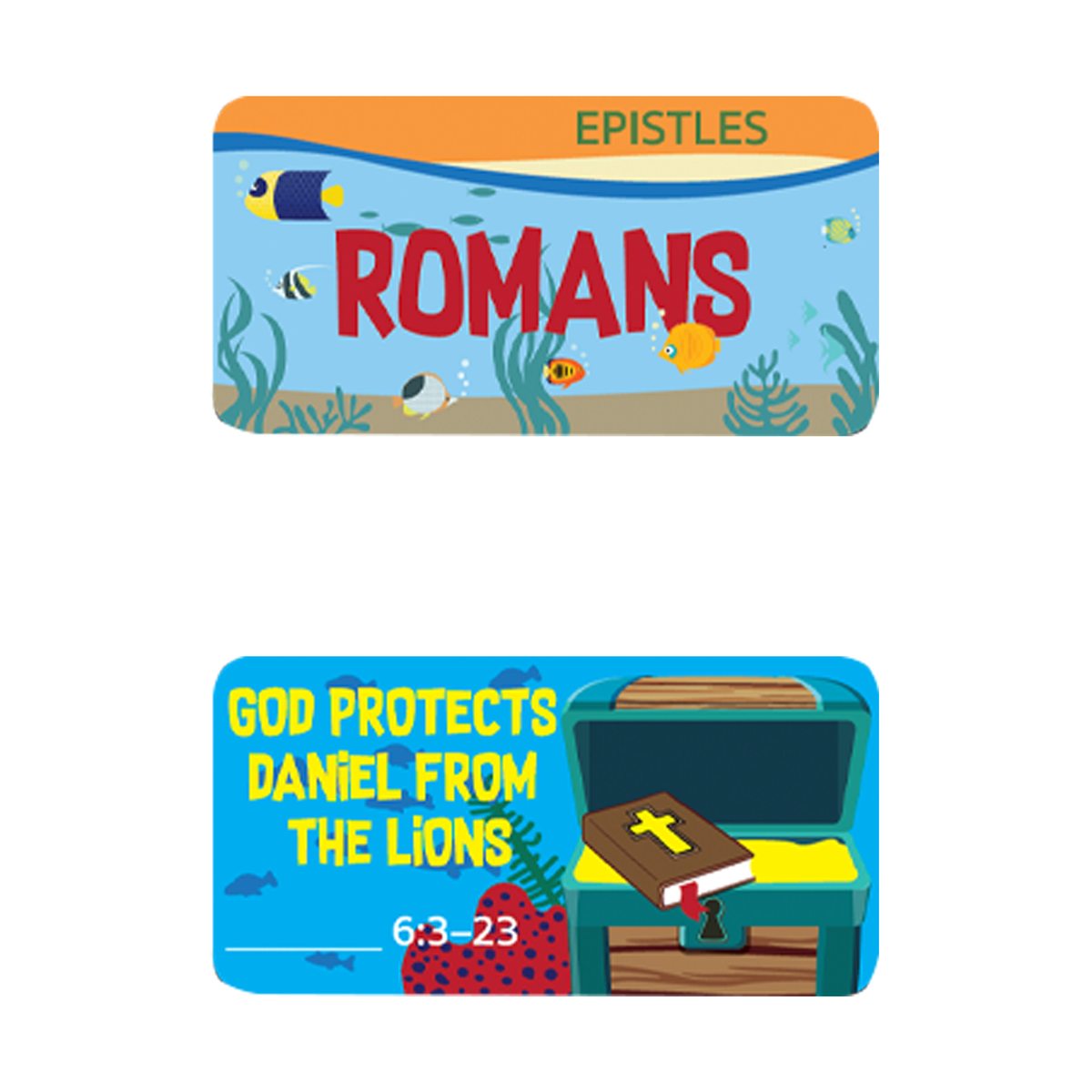 Two colorful book-themed labels or stickers shown on a plain white background. The top label says "EPISTLES ROMANS" with an underwater fish scene by CTA Christ to All and CTAKids.