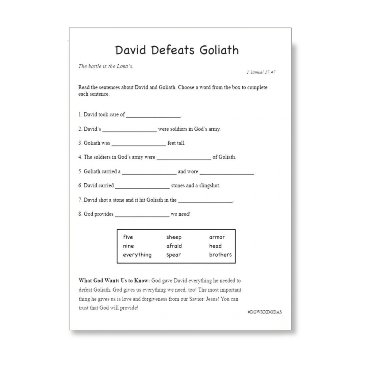 Fill-in-the-blank activity page titled David Defeats Goliath. Children complete sentences about the Bible story using words from a word bank, including sheep, brothers, spear, armor, and nine. Features 1 Samuel 17:47 and a faith message about God providing everything needed through his love, forgiveness, and Jesus by CTA Christ to All and CTAKids.