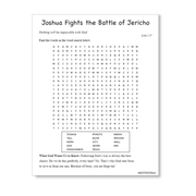 Word-search activity page titled Joshua Fights the Battle of Jericho. Children find words related to the Bible story, including Joshua, Jericho, priests, ark, wall, and march. Features Luke 1:37 and a faith message about following God’s way and receiving forgiveness through Jesus by CTA Christ to All and CTAKids.