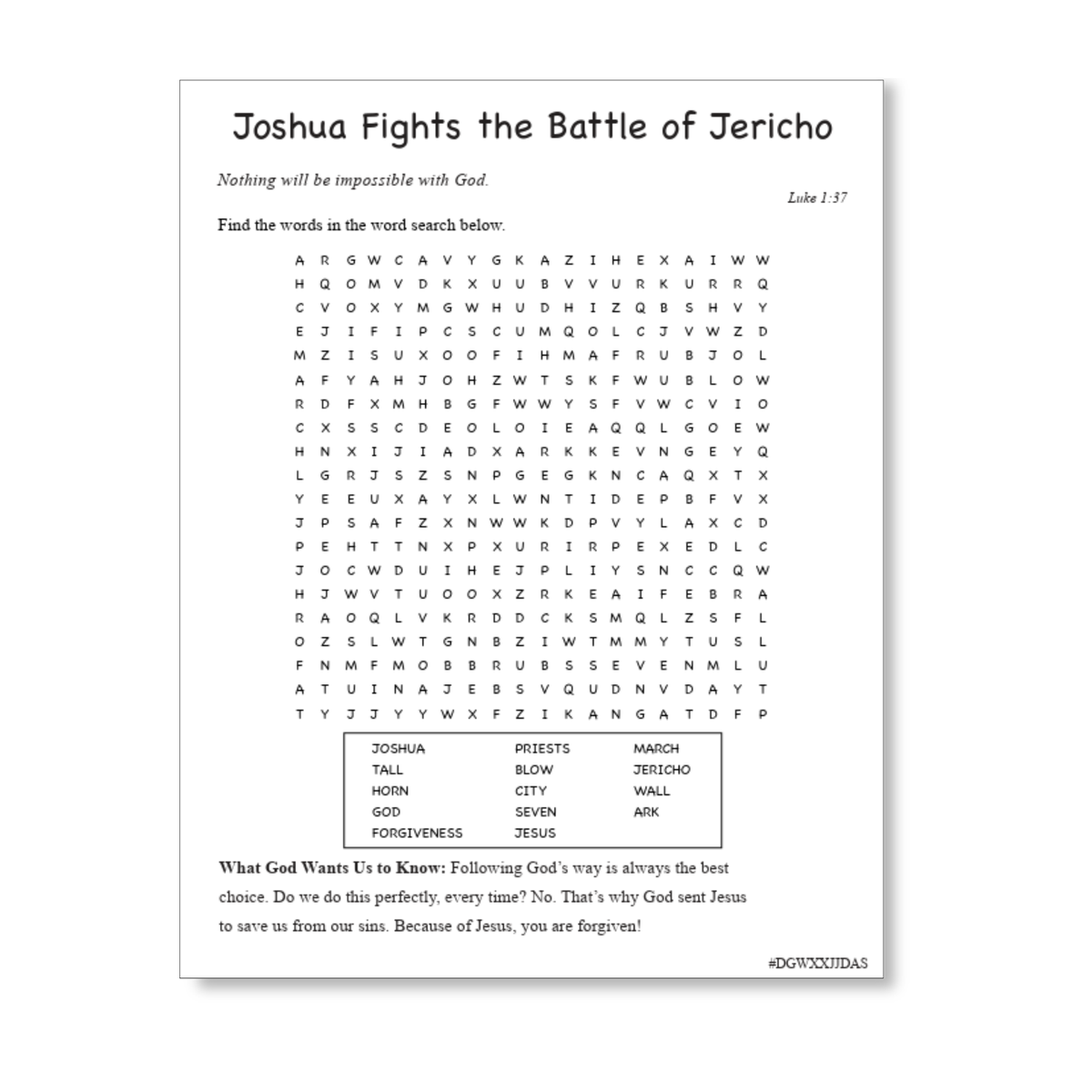 Word-search activity page titled Joshua Fights the Battle of Jericho. Children find words related to the Bible story, including Joshua, Jericho, priests, ark, wall, and march. Features Luke 1:37 and a faith message about following God’s way and receiving forgiveness through Jesus by CTA Christ to All and CTAKids.