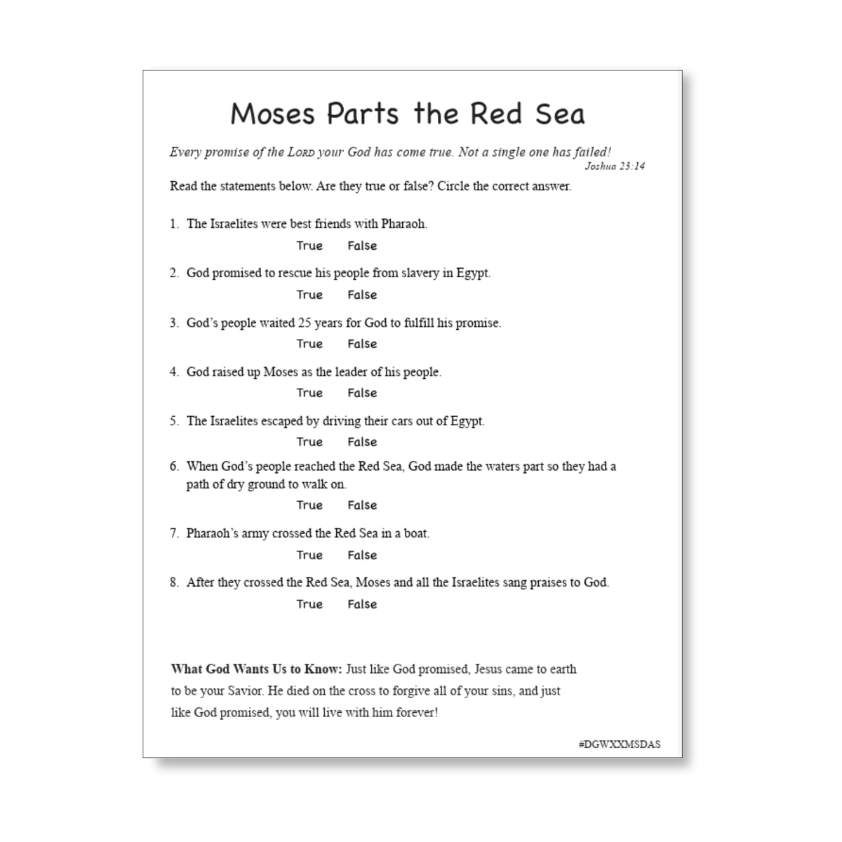 True-or-false activity page titled Moses Parts the Red Sea. Children read and answer questions about Moses, Pharaoh, God’s promises, and the Israelites’ escape from Egypt. Includes Joshua 23:14 and a faith message explaining that God kept his promise by sending Jesus as Savior by CTA Christ to All and CTAKids.
