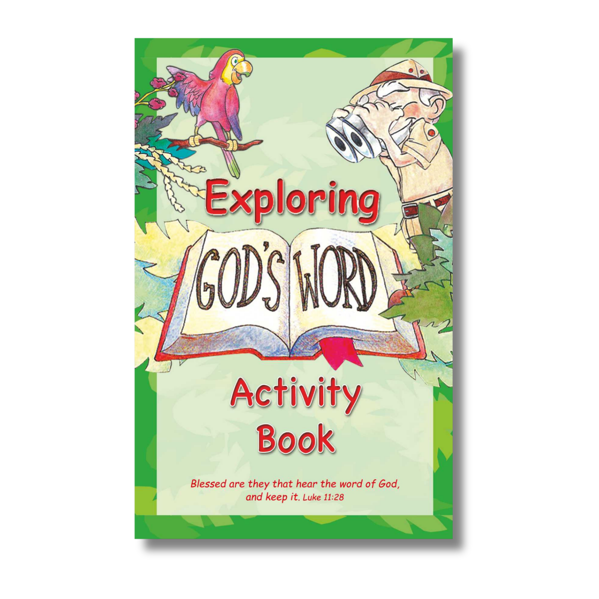 Activity book cover titled 'Exploring God's Word' with a cartoon character and parrot on a green background by CTA Christ to All & CTAKids.