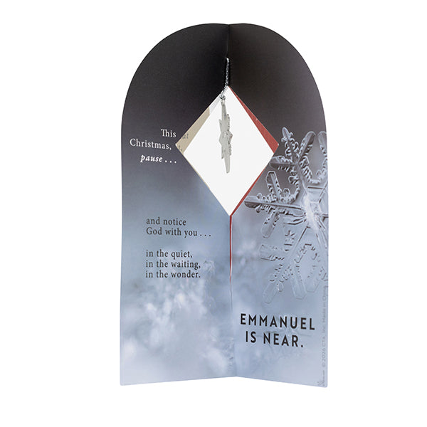 Christmas ornament gift card with a frosted snowflake design and integrated ornament display. Features an inspirational faith-based message about the Christmas season and the phrase “Emmanuel is near,” making it suitable for church gifts, holiday outreach, and Christian Christmas keepsakes by CTA Christ to All and CTA Gifts.